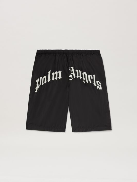 PALM ANGELS  Curved logo Swimshorts BLACK - OFF WHITE PMFD018S25FAB001