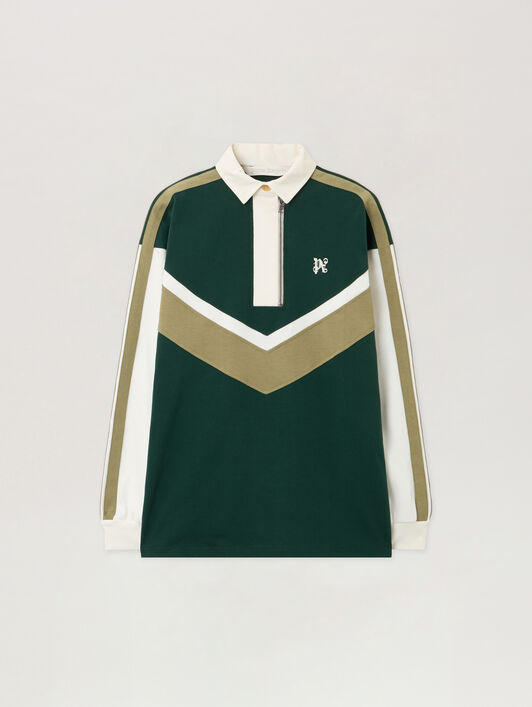 Monogram Colorblock Polo Shirt PALM ANGELS Monogram Colorblock Polo Shirt DARK GREEN - OFF WHITE PWGC011F25FAB001