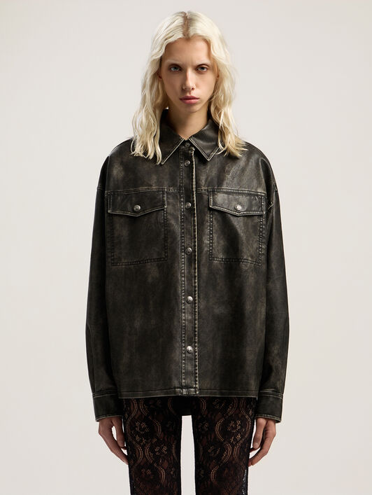 Curved Logo Coated Overshirt PALM ANGELS Curved Logo Coated Overshirt DARK GREY - BLACK PWJE009F25FAB001
