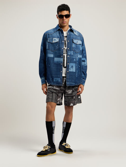 PALM ANGELS News Print Denim Shirt MEDIUM BLUE - DUSTY BLUE PMYD019F25DEN001