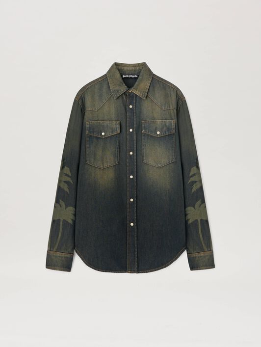 PALM ANGELS  Jeansjacke mit lasergravierter Palme BROWN - GREY PMYD019S25DEN001