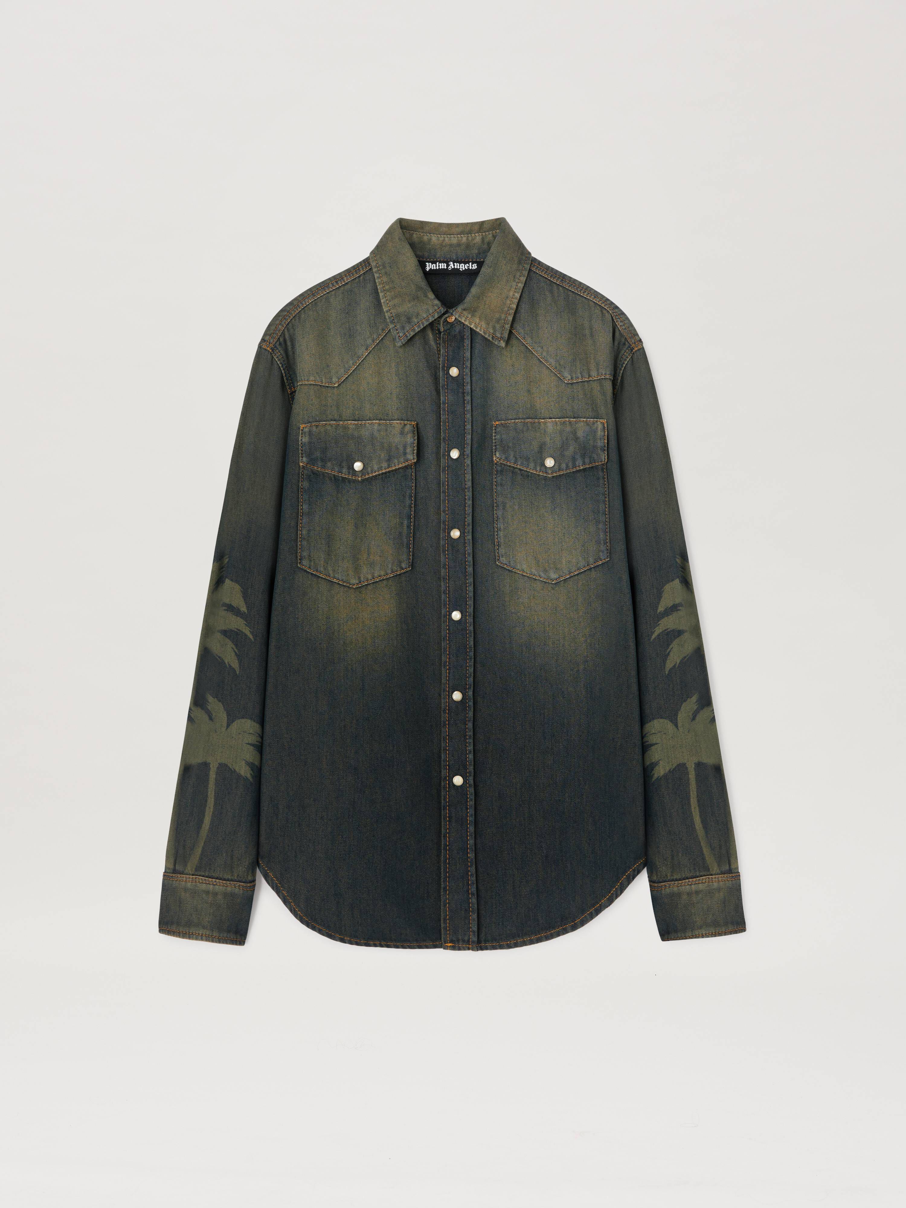 PALM ANGELS  Jeansjacke mit lasergravierter Palme BROWN - GREY PMYD019S25DEN001