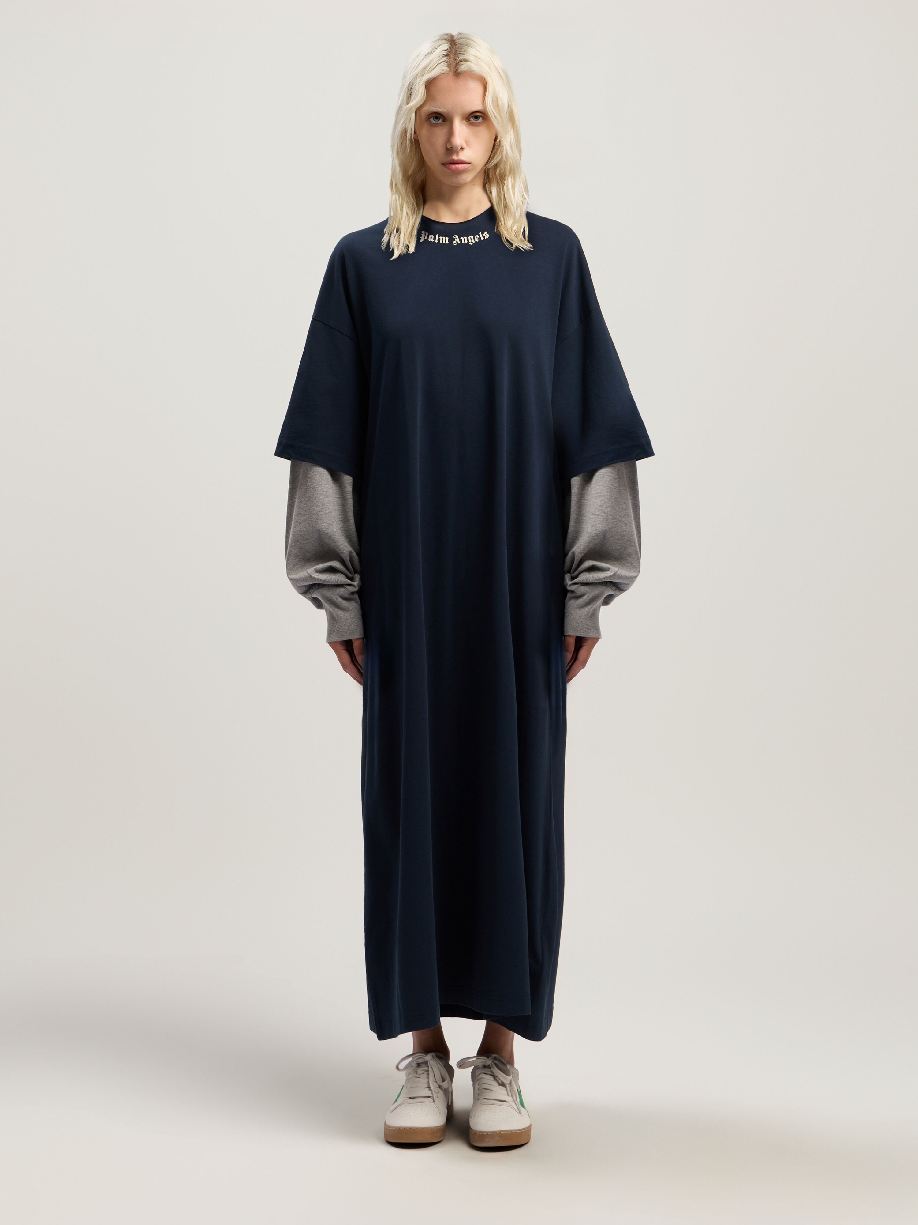 PALM ANGELS Curved Logo Layered Dress DARK BLUE - OFF WHITE PWDE005F25JER001