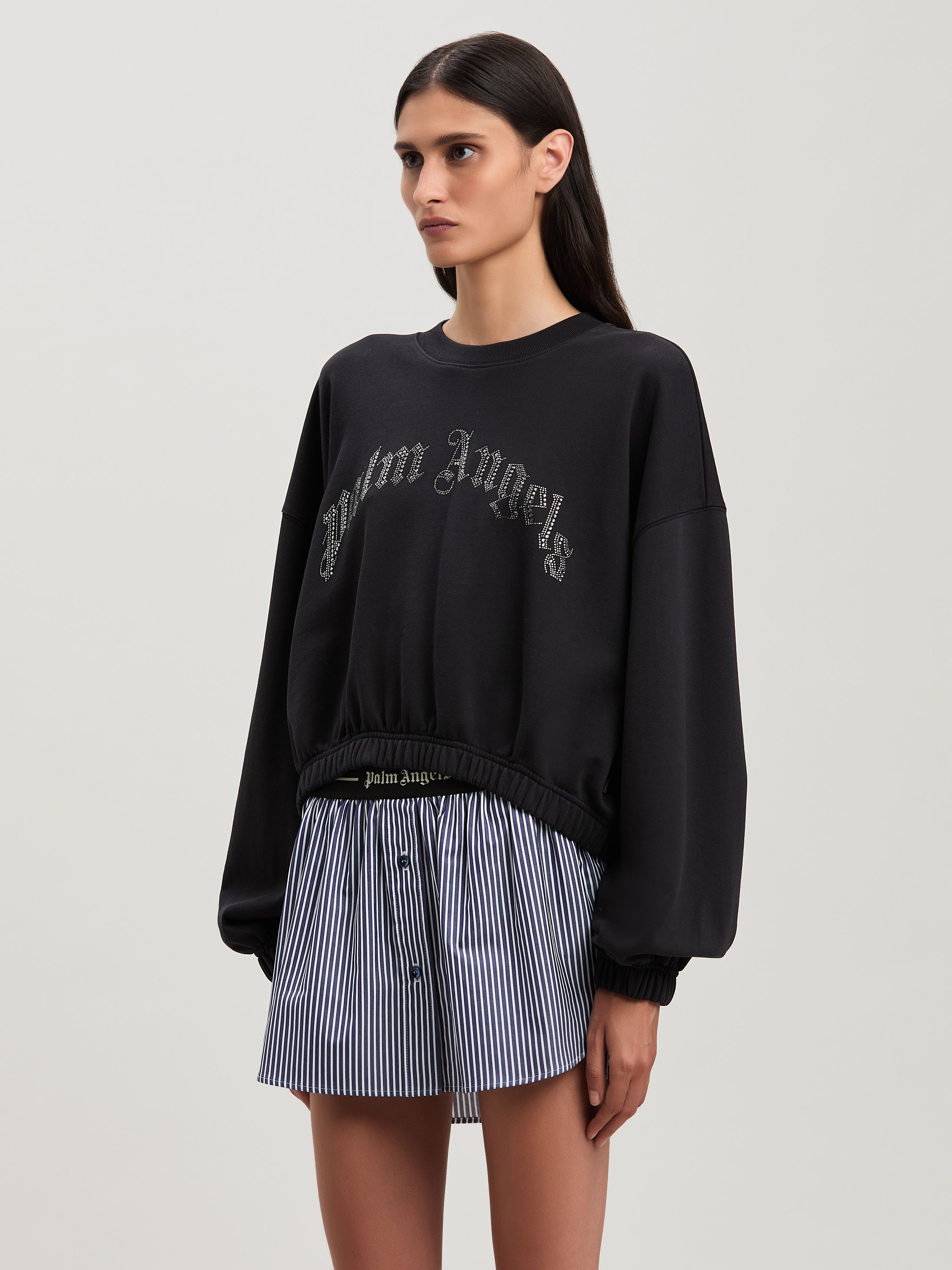 PALM ANGELS  Curvedl Logo embroidered cropped sweatshirt BLACK - SILVER PWBA057S25FAB001