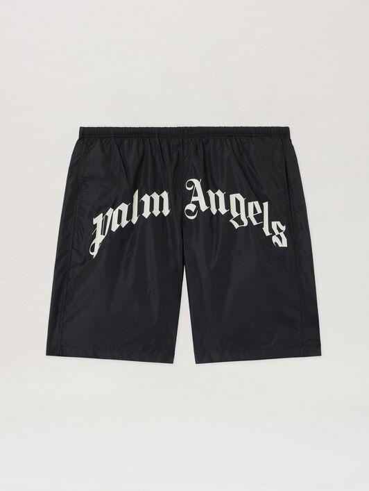 PALM ANGELS Curved Logo Swimshorts BLACK - OFF WHITE PAMFD001FB001