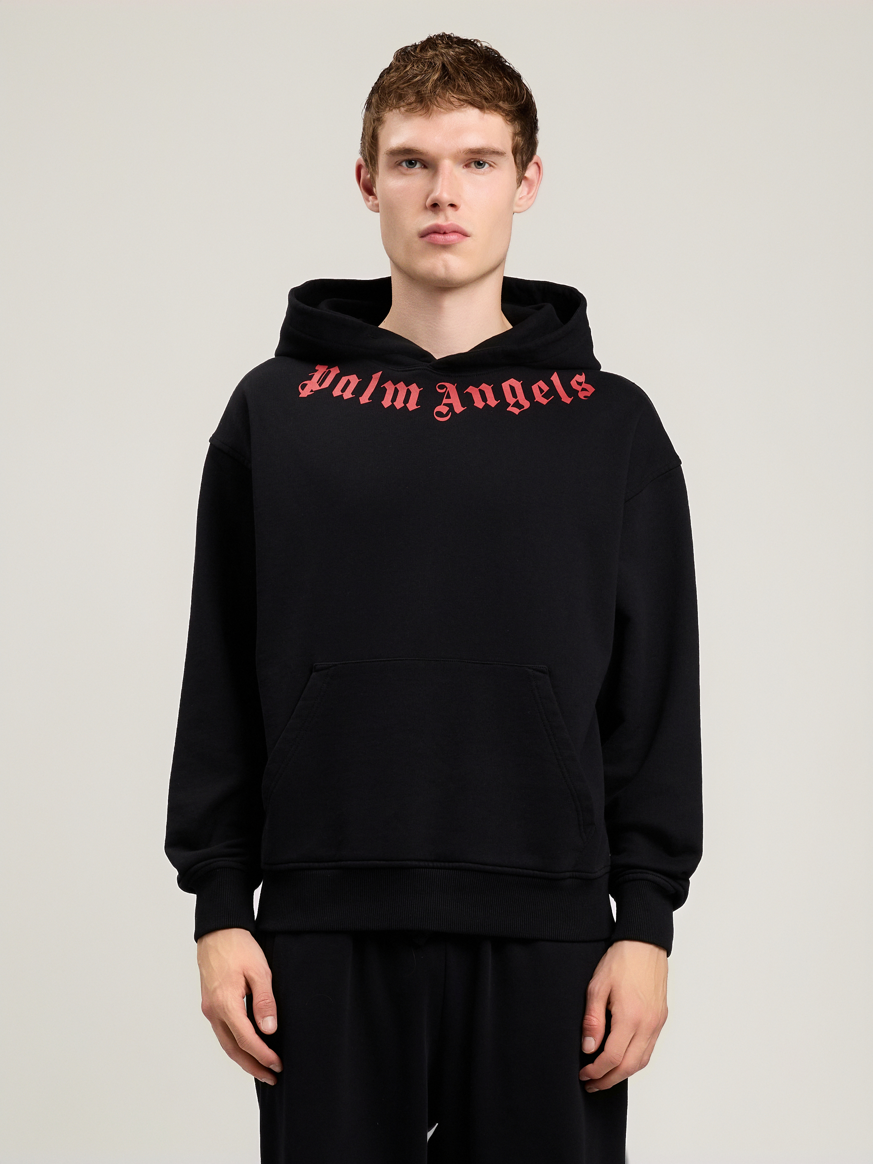 Palm Angels Men's Logo Neck Cotton Hoodie In Black