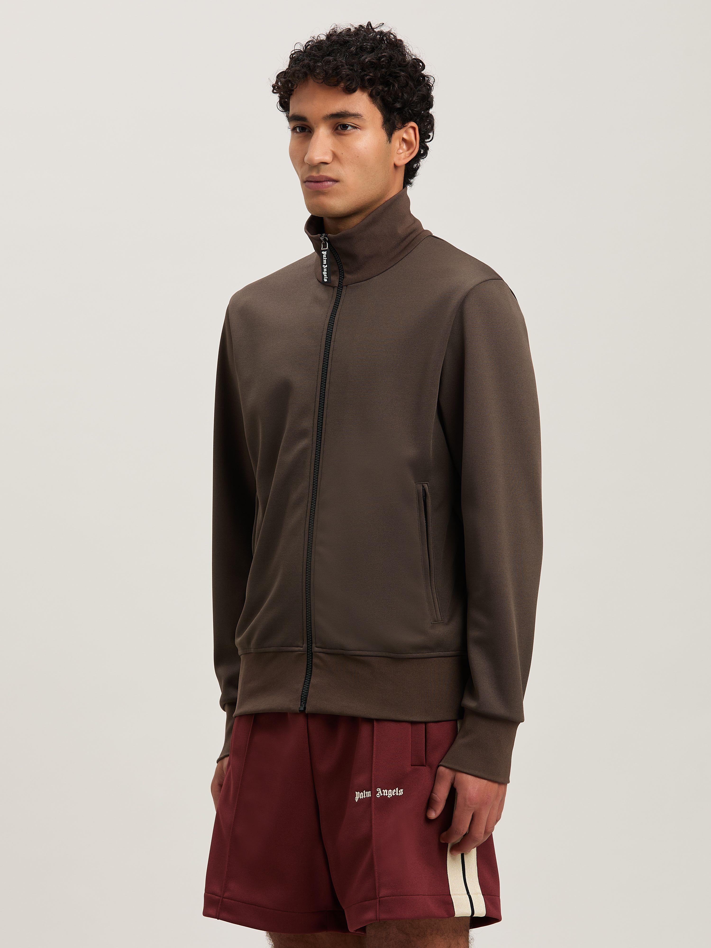 Palm Angels Chocolate Brown Jacket With Roll Neck And Logo Detail