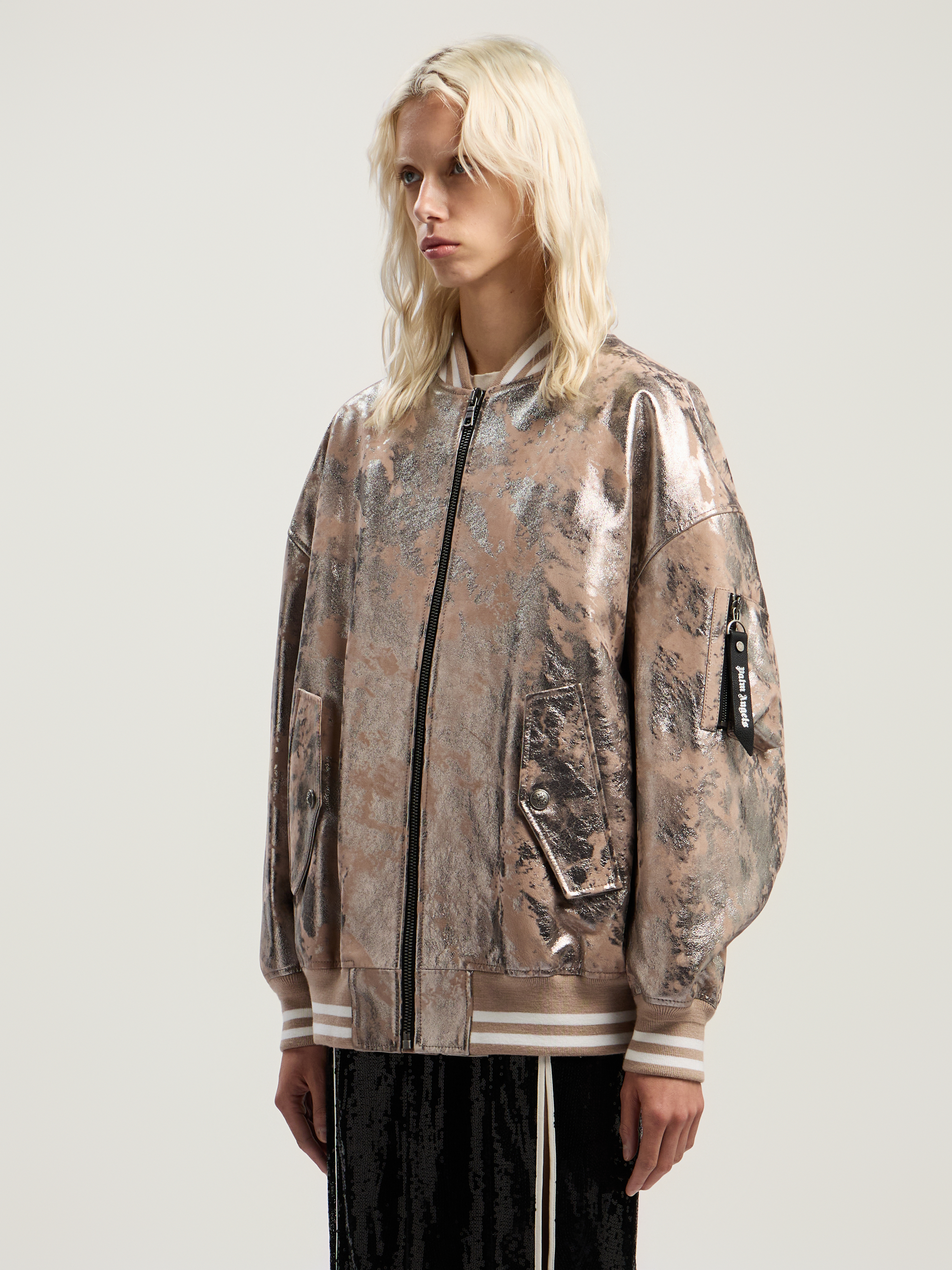 Palm Angels Laminated Leather Bomber Jacket In Brown