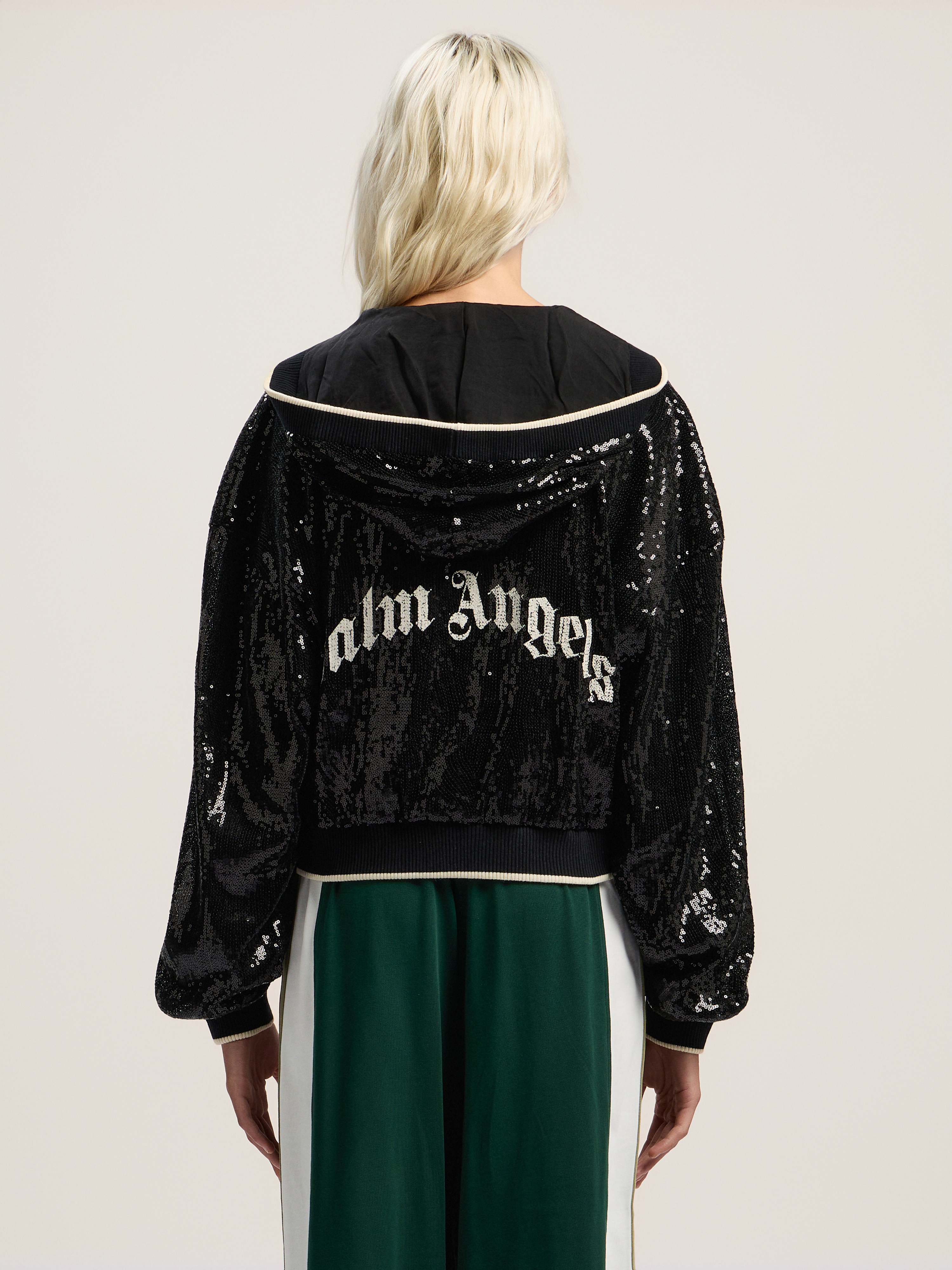 Palm Angels Curved Logo Sequin Crop Jacket In Black
