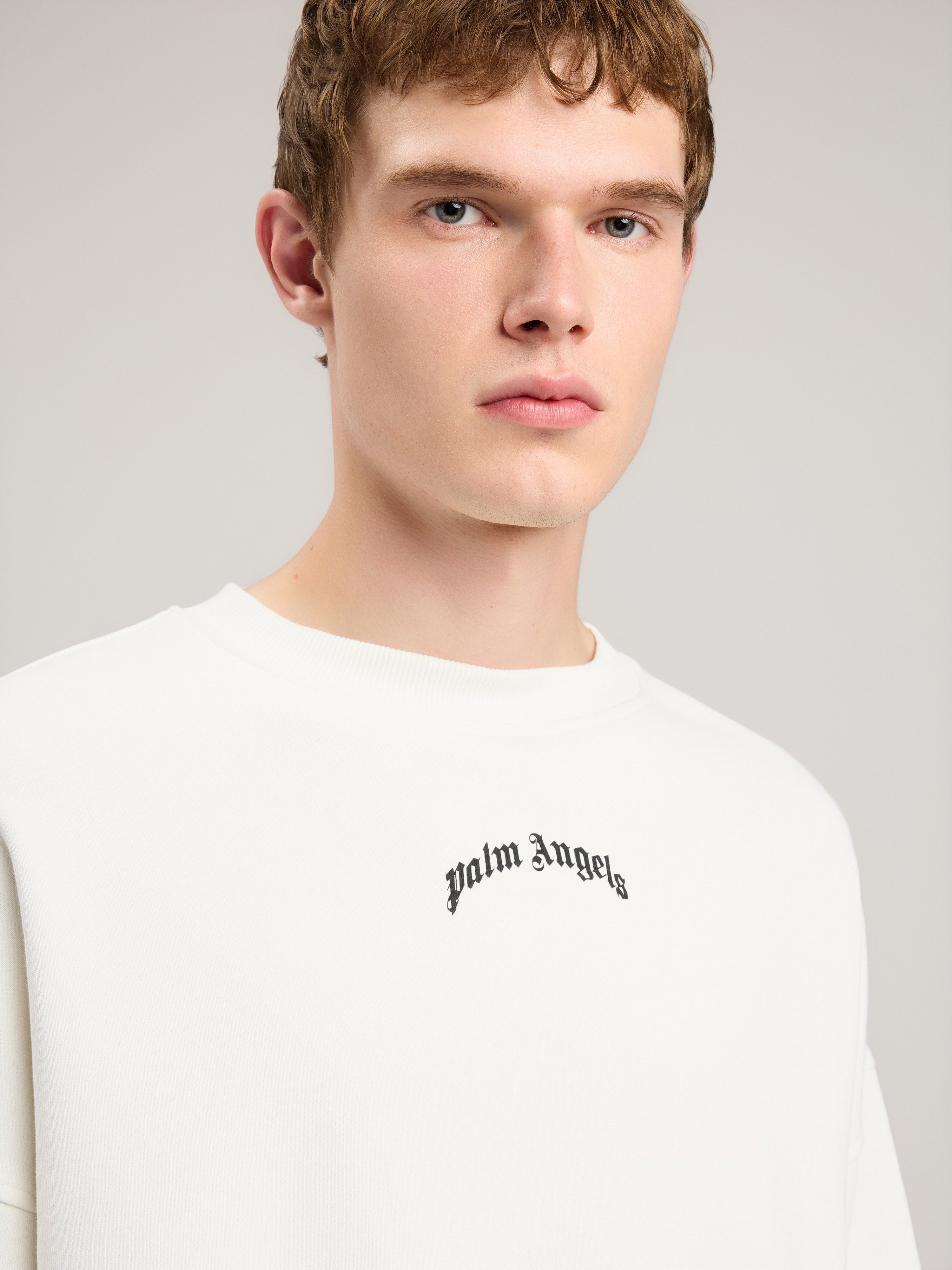 Palm Angels Back Curved Logo Loose Crew In Neutral