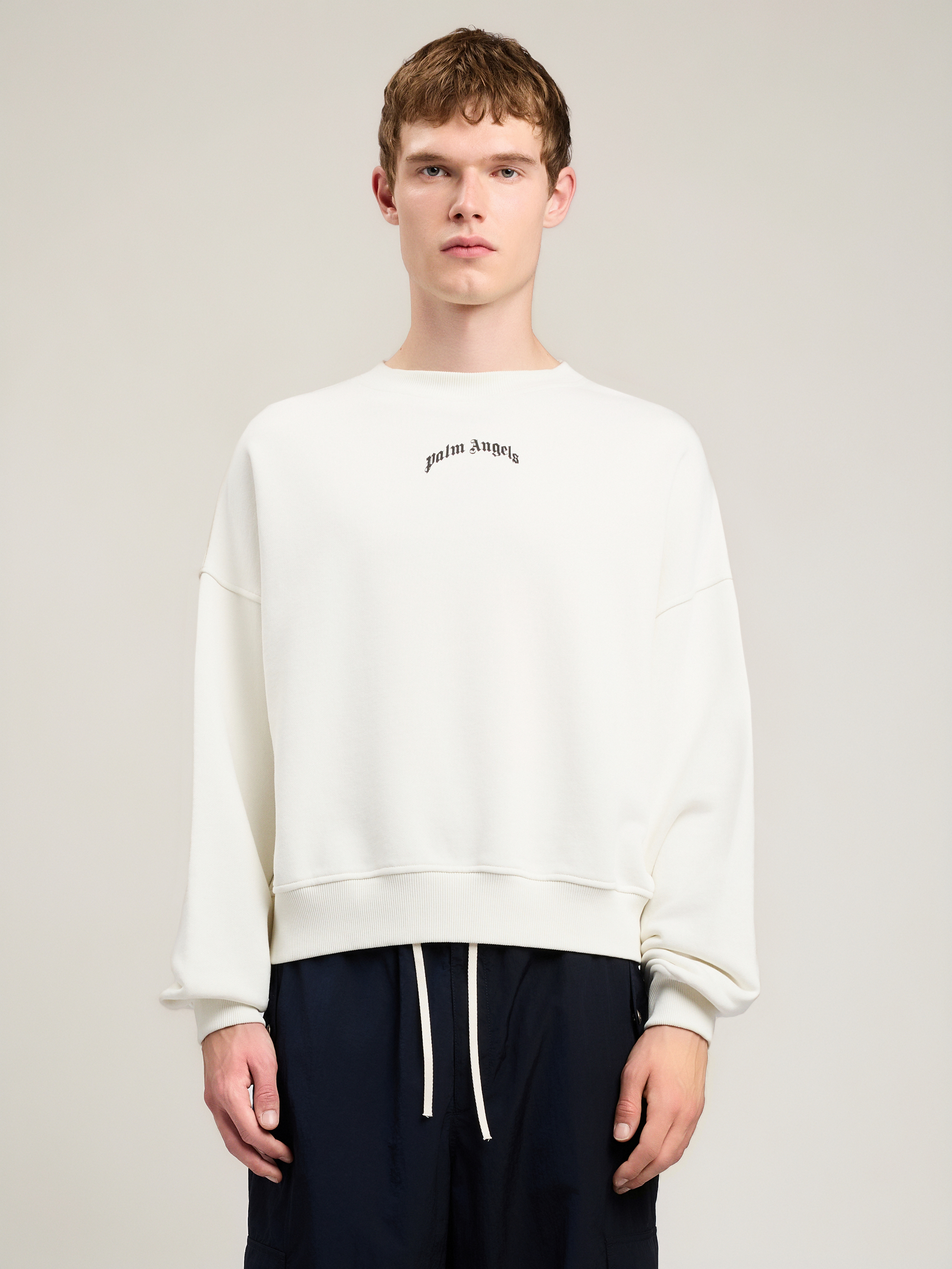 Palm Angels Back Curved Logo Loose Crew In Neutral