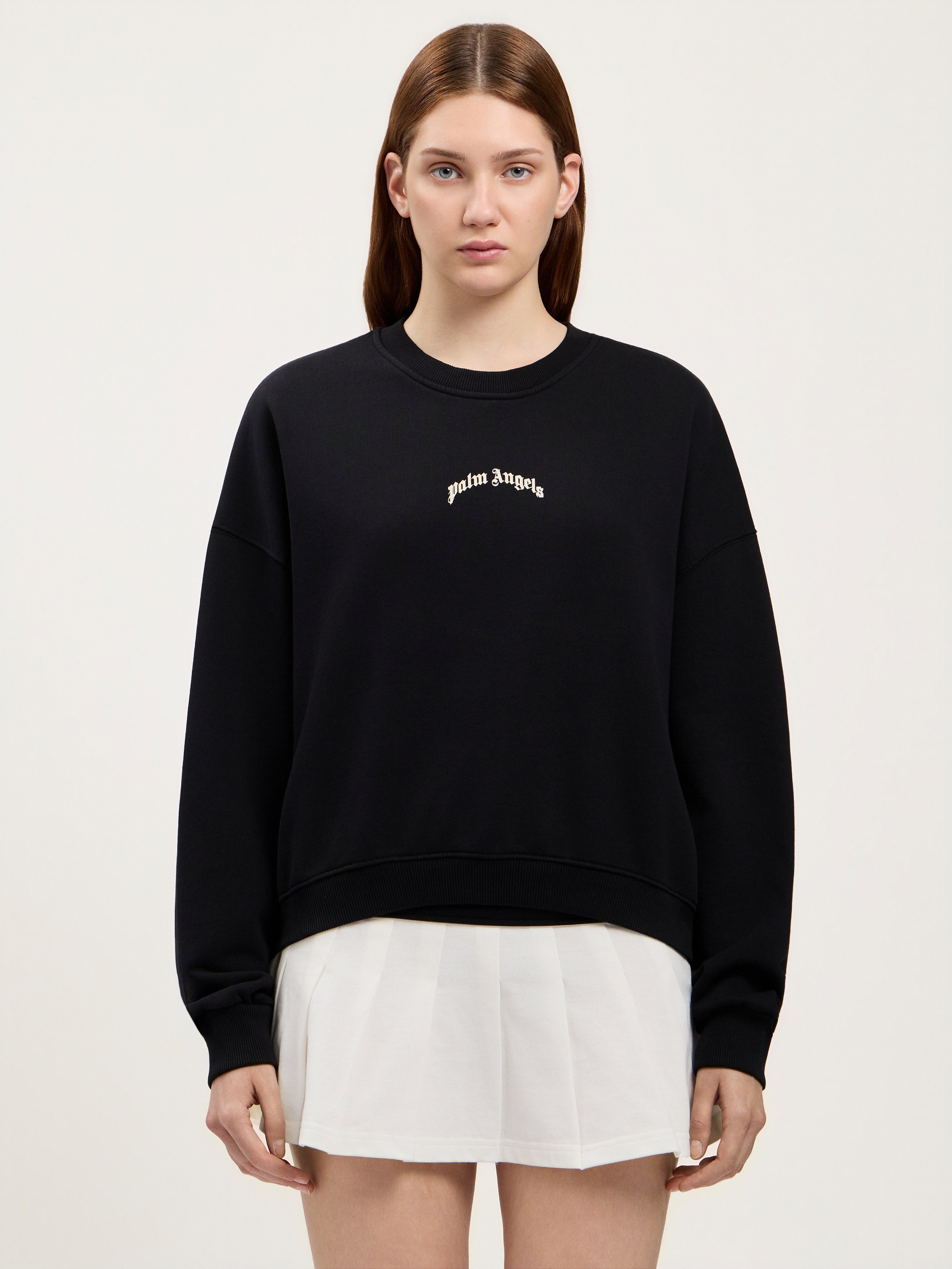 Palm Angels Neutrals Crop Crewneck Arched Logo Sweatshirt In Black