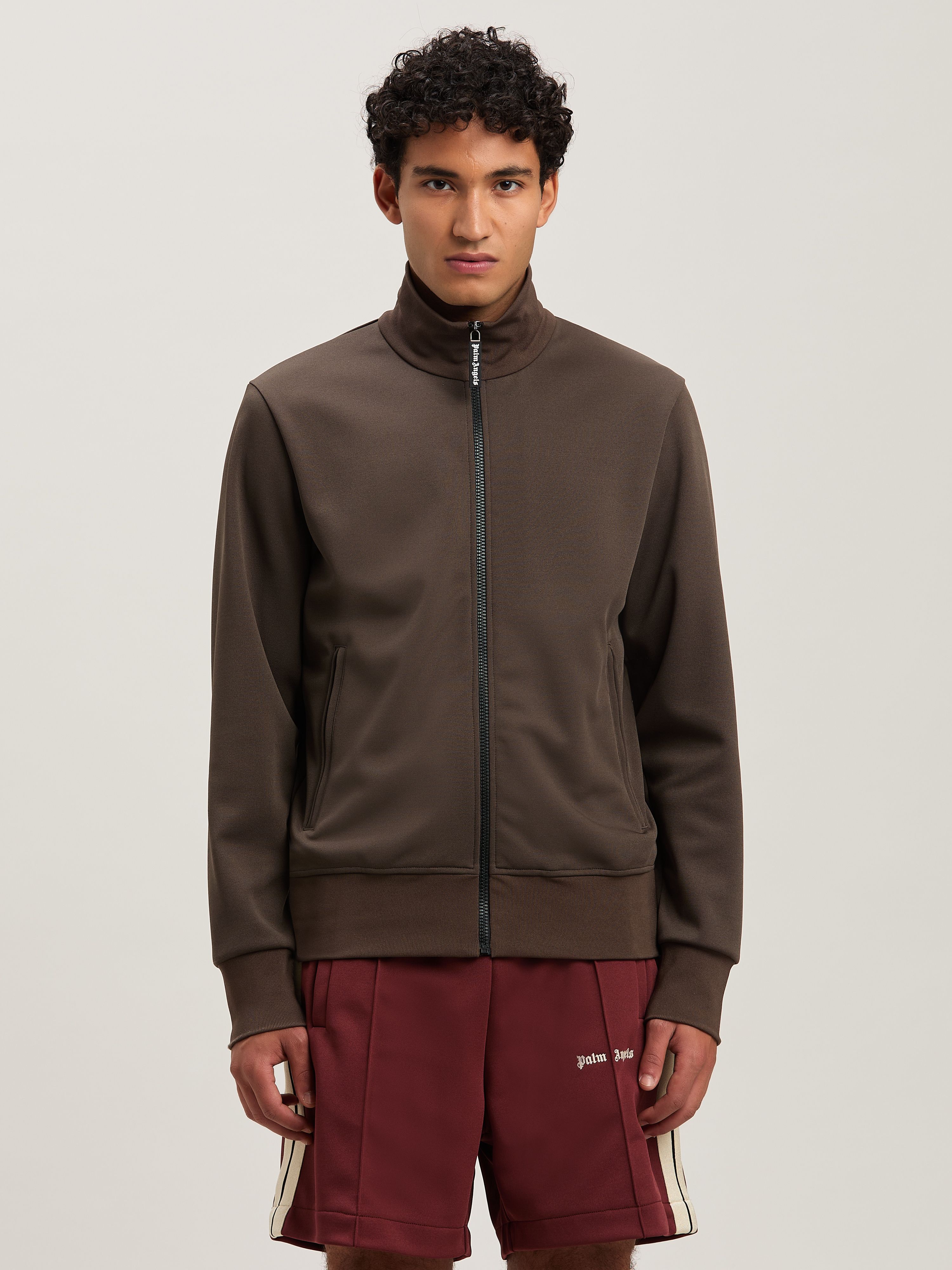 Palm Angels Chocolate Brown Jacket With Roll Neck And Logo Detail
