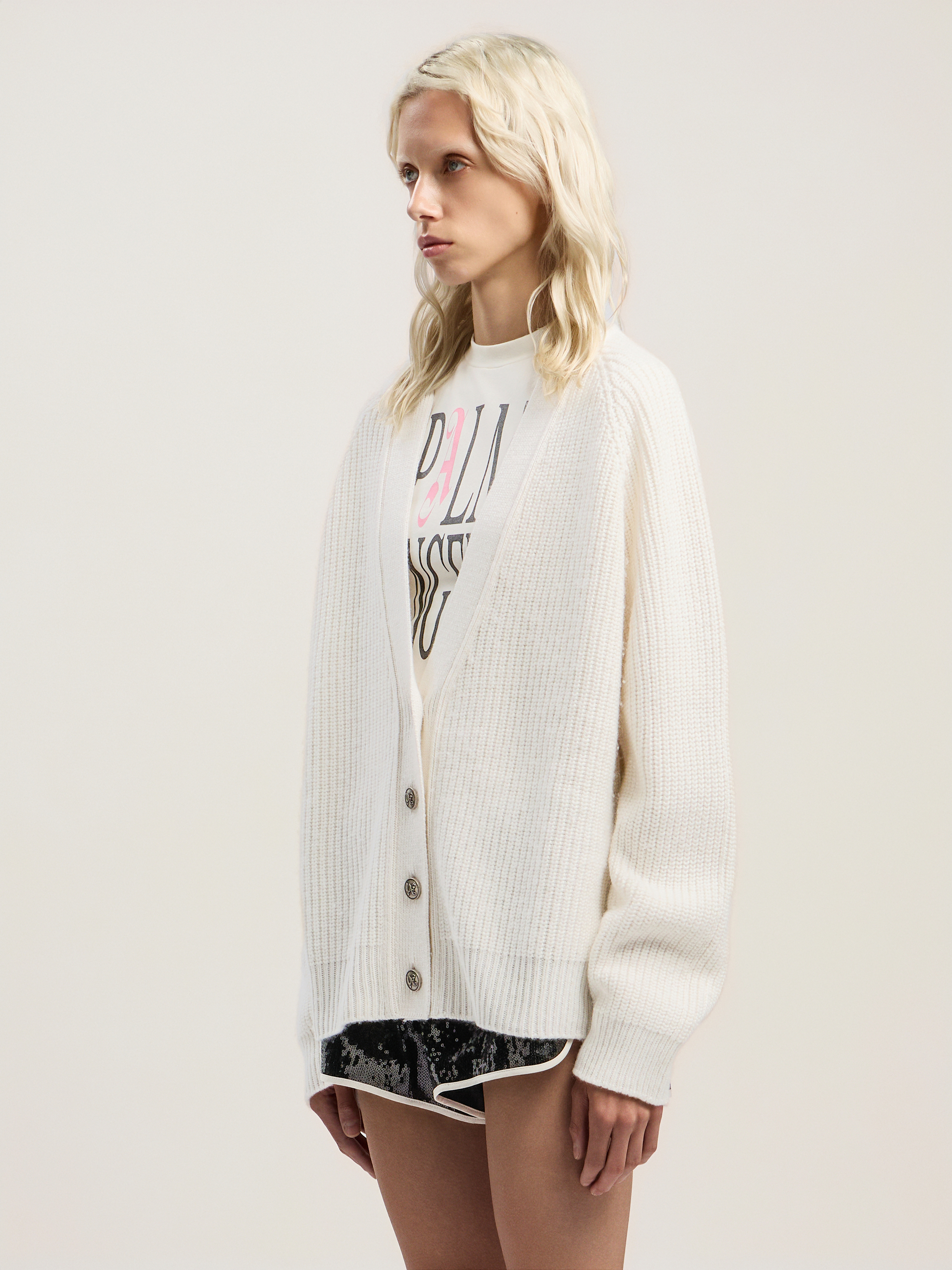 Palm Angels Curved Logo Ribbed Cardigan In White