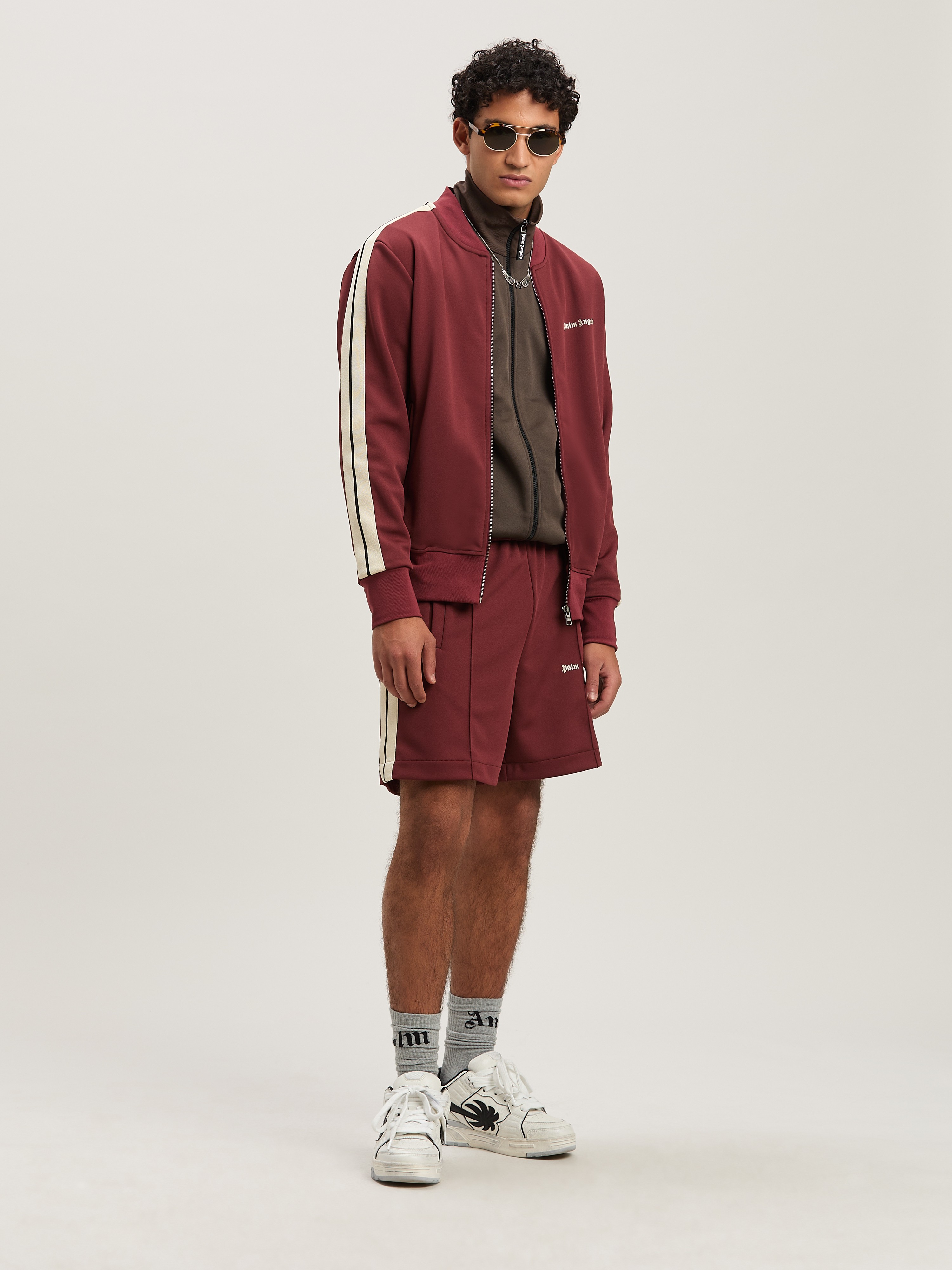 Palm Angels Chocolate Brown Jacket With Roll Neck And Logo Detail