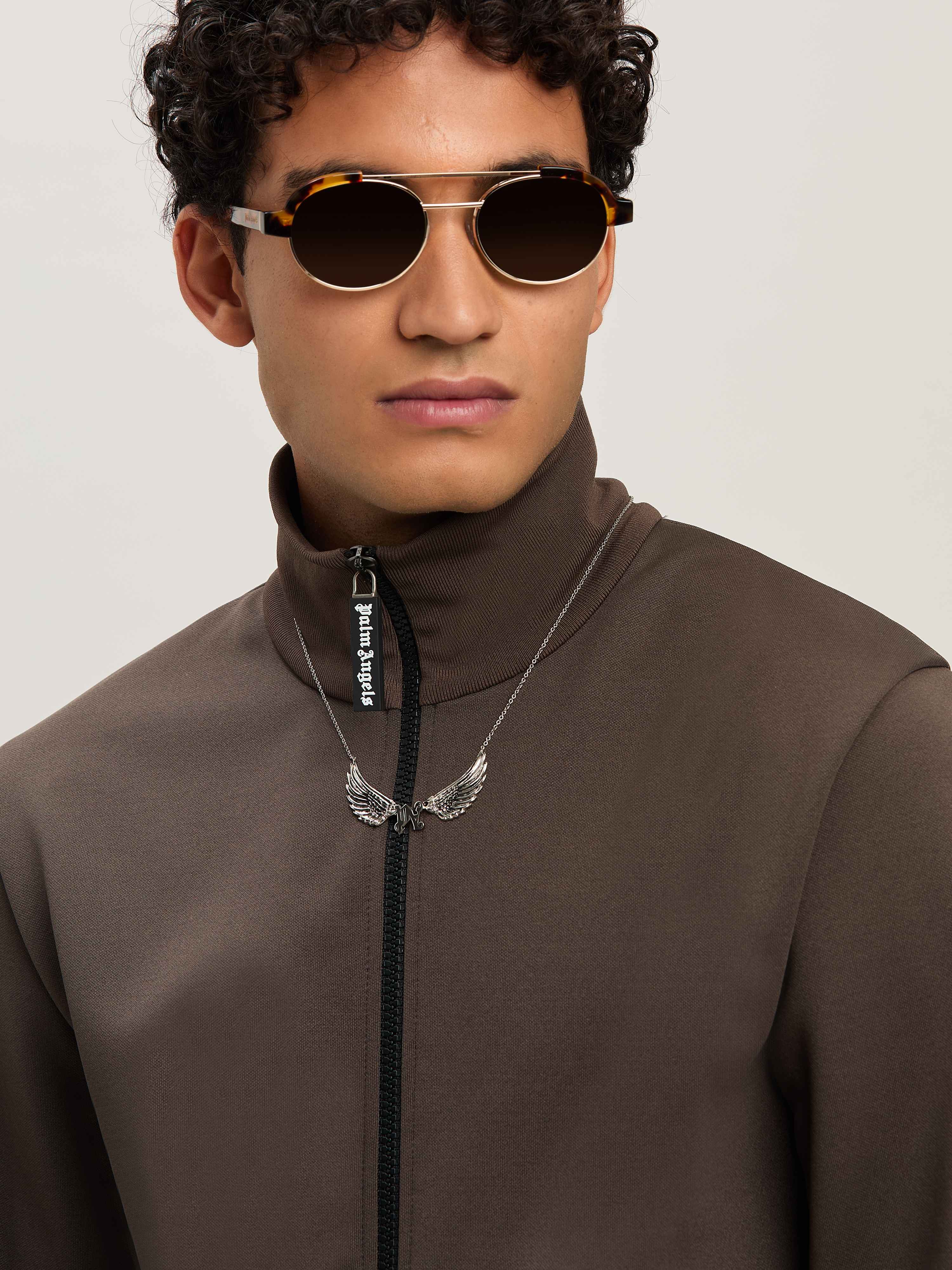 Palm Angels Chocolate Brown Jacket With Roll Neck And Logo Detail