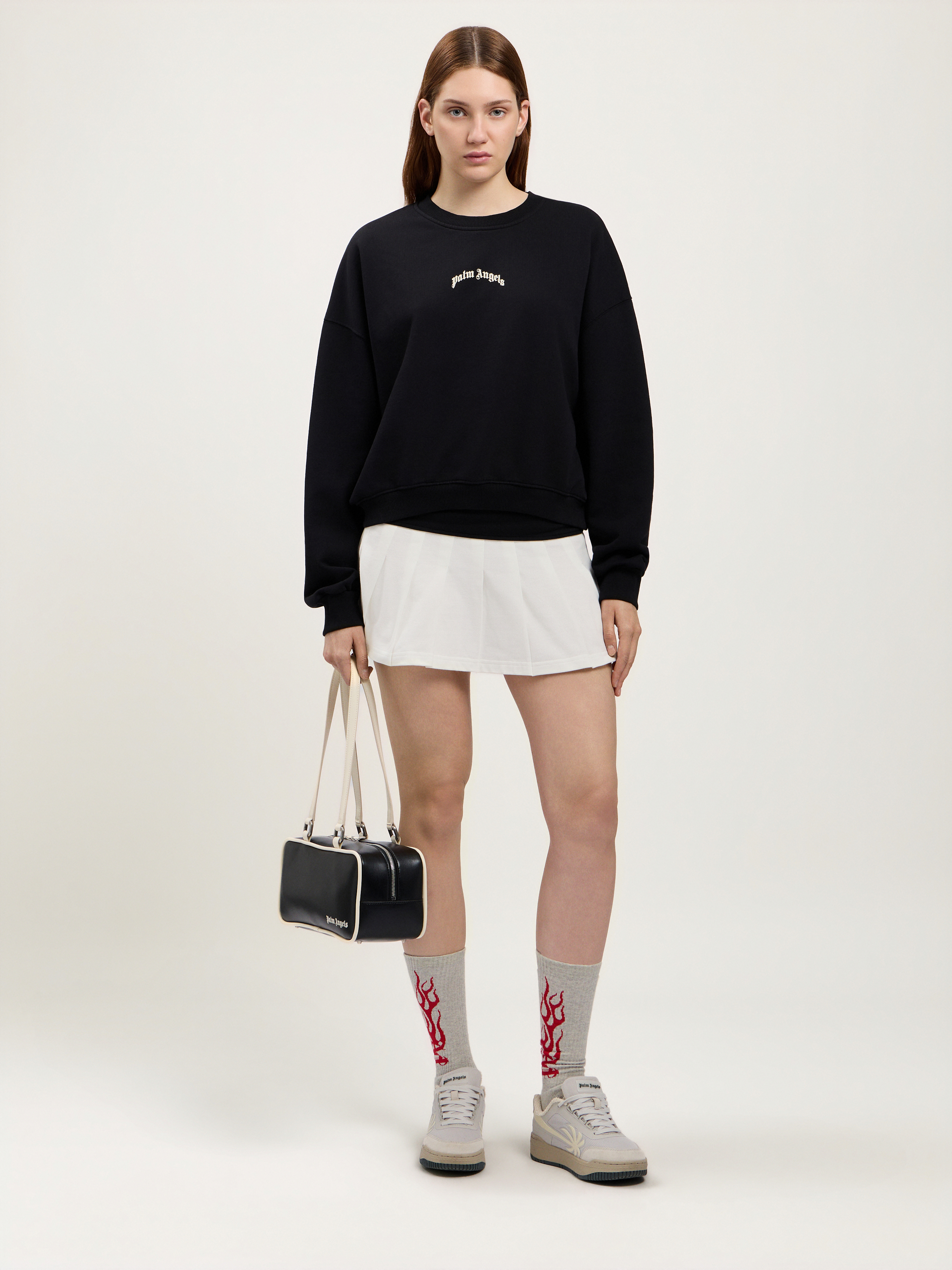 Palm Angels Neutrals Crop Crewneck Arched Logo Sweatshirt In Black