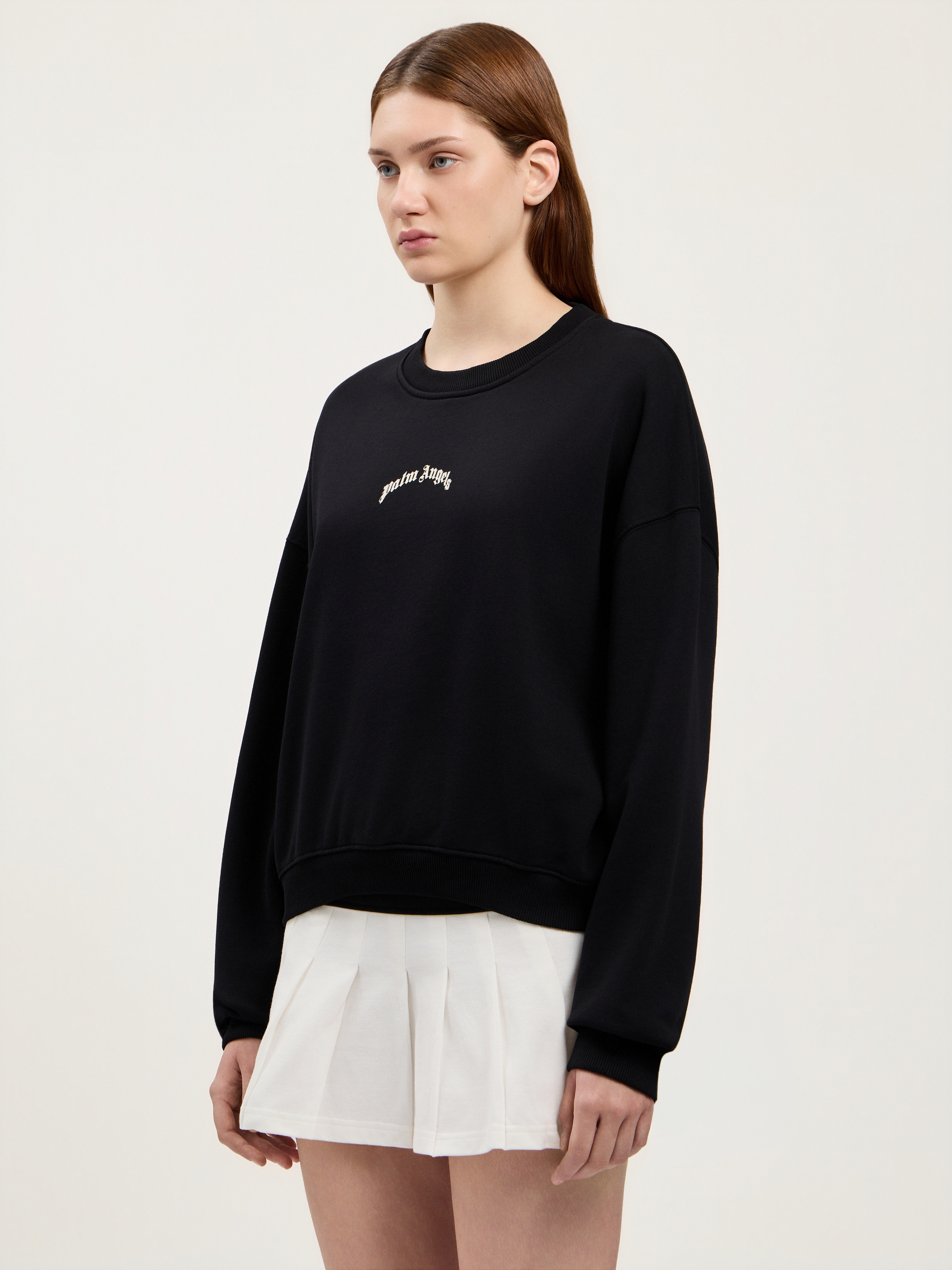 Palm Angels Neutrals Crop Crewneck Arched Logo Sweatshirt In Black