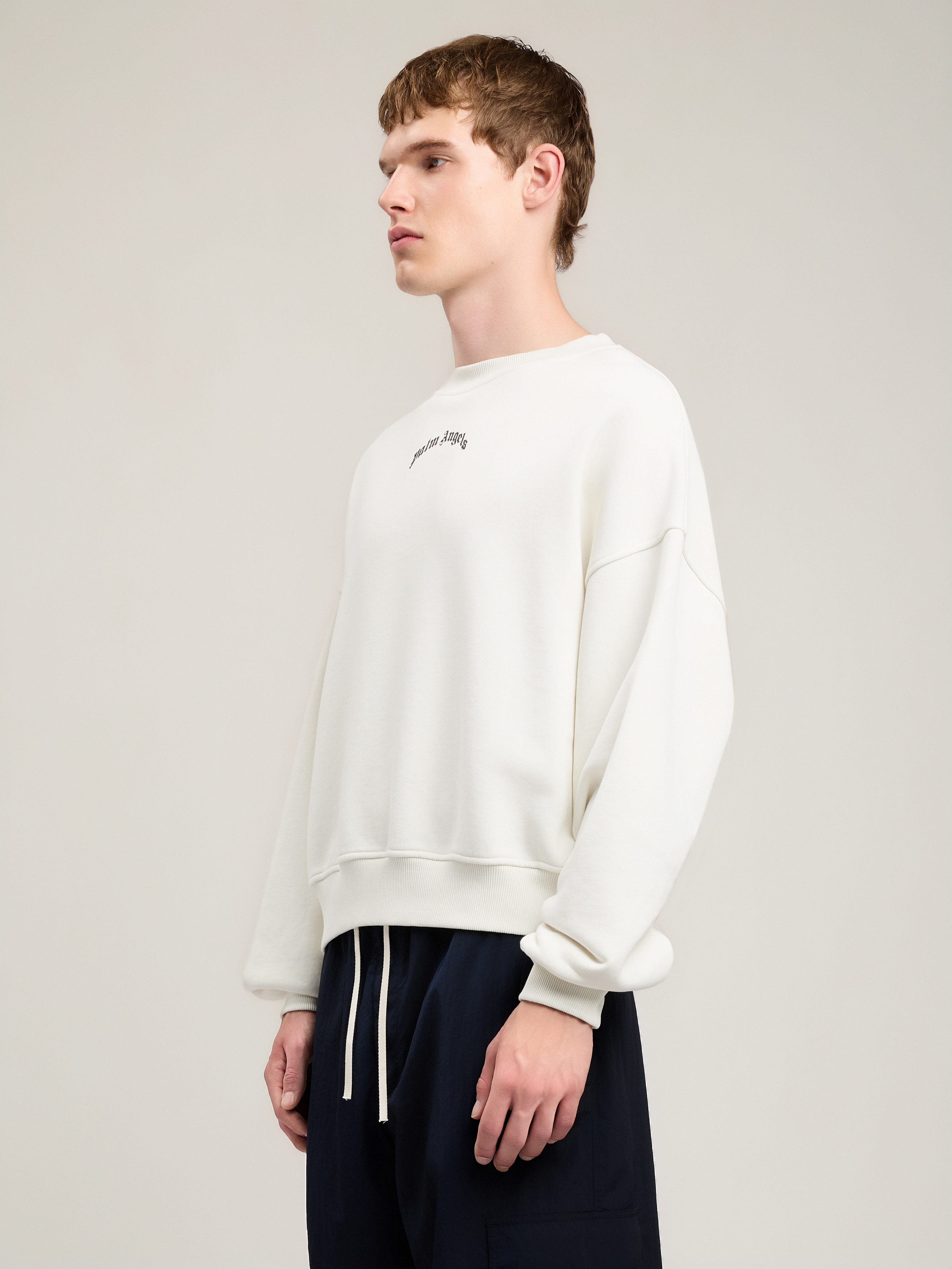 Palm Angels Back Curved Logo Loose Crew In Neutral
