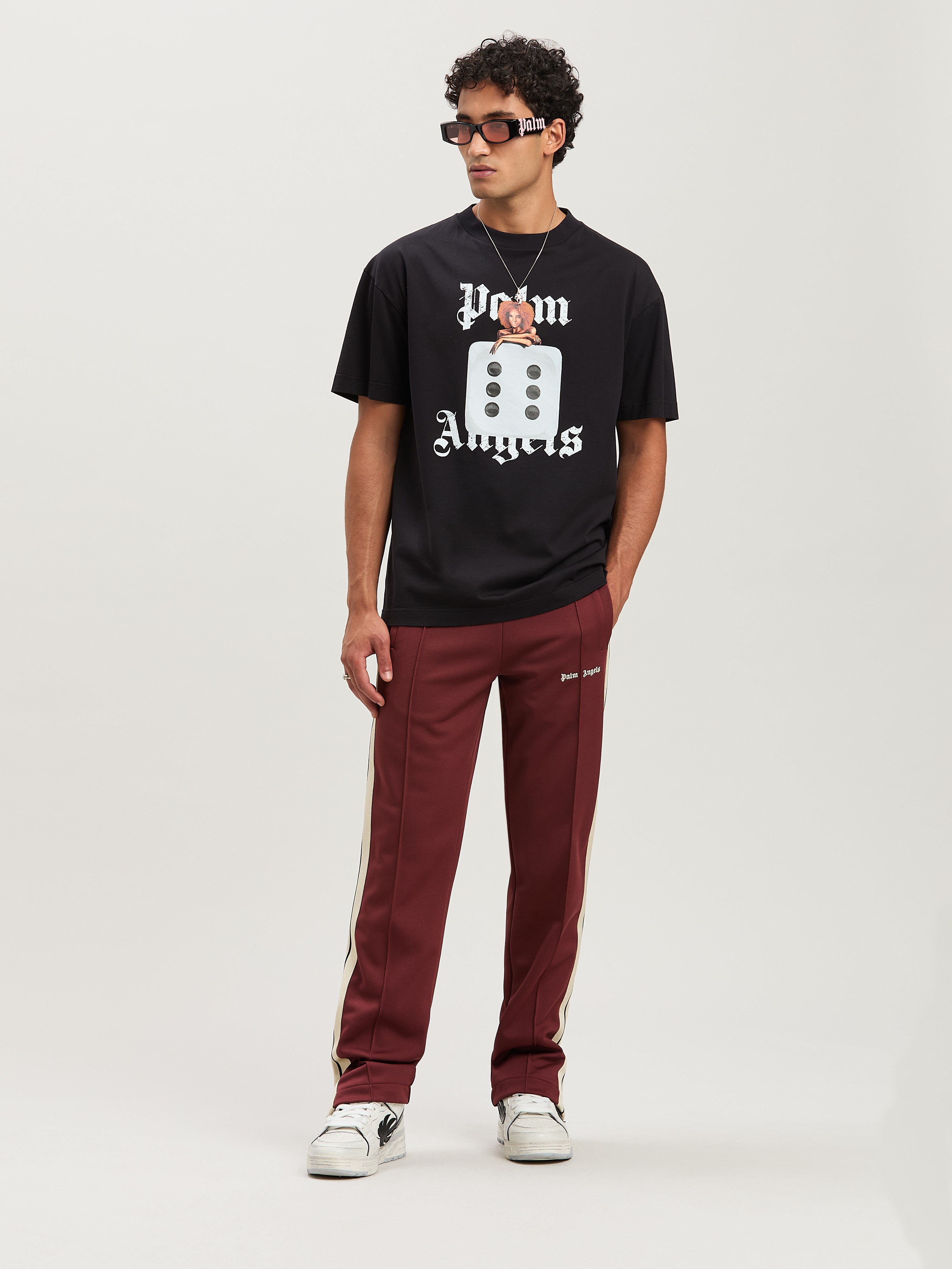 Palm Angels Black T-shirt With Front Dice And Logo Print