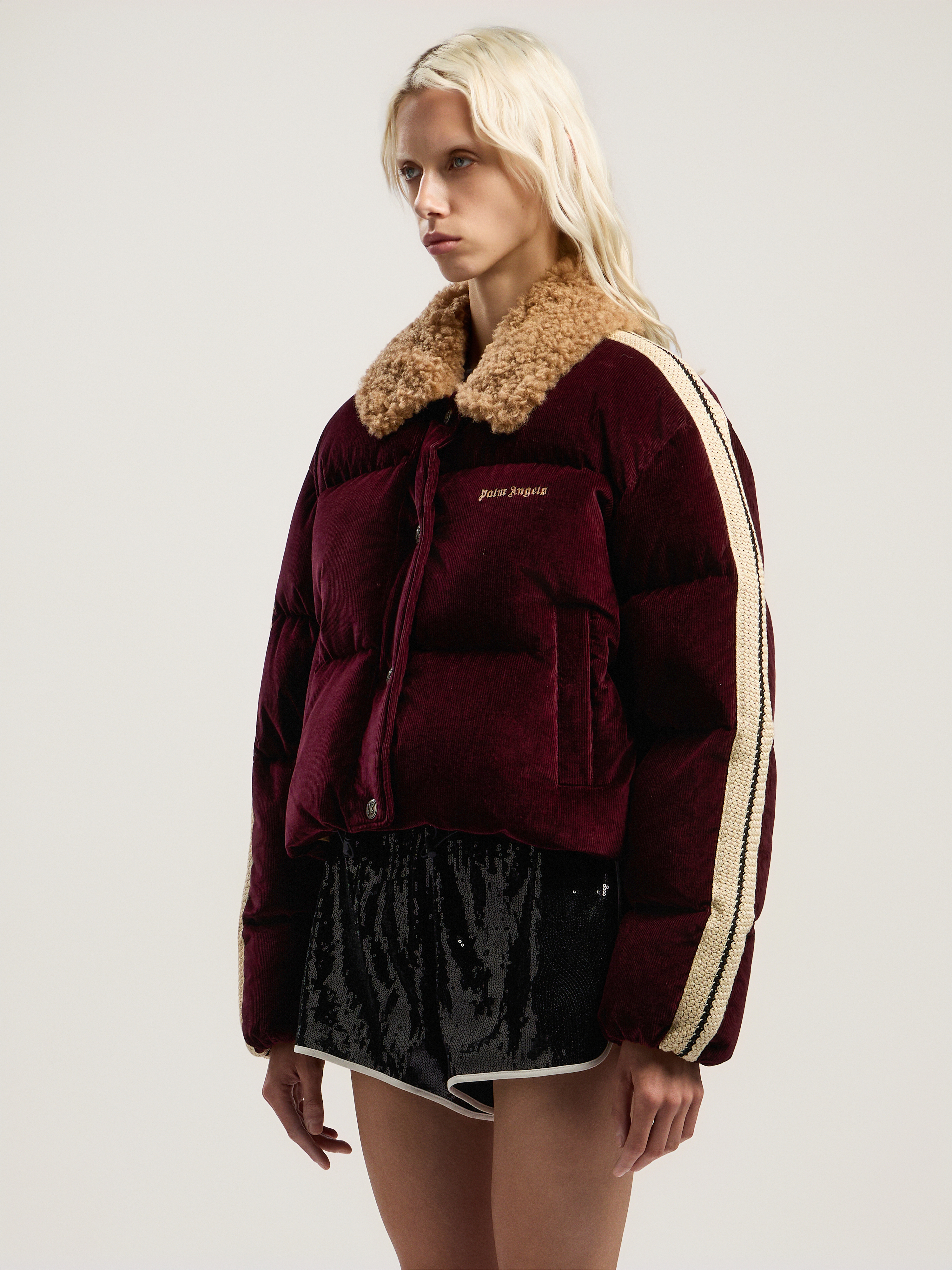 Palm Angels Classic Logo Cord Down Jacket In Burgundy