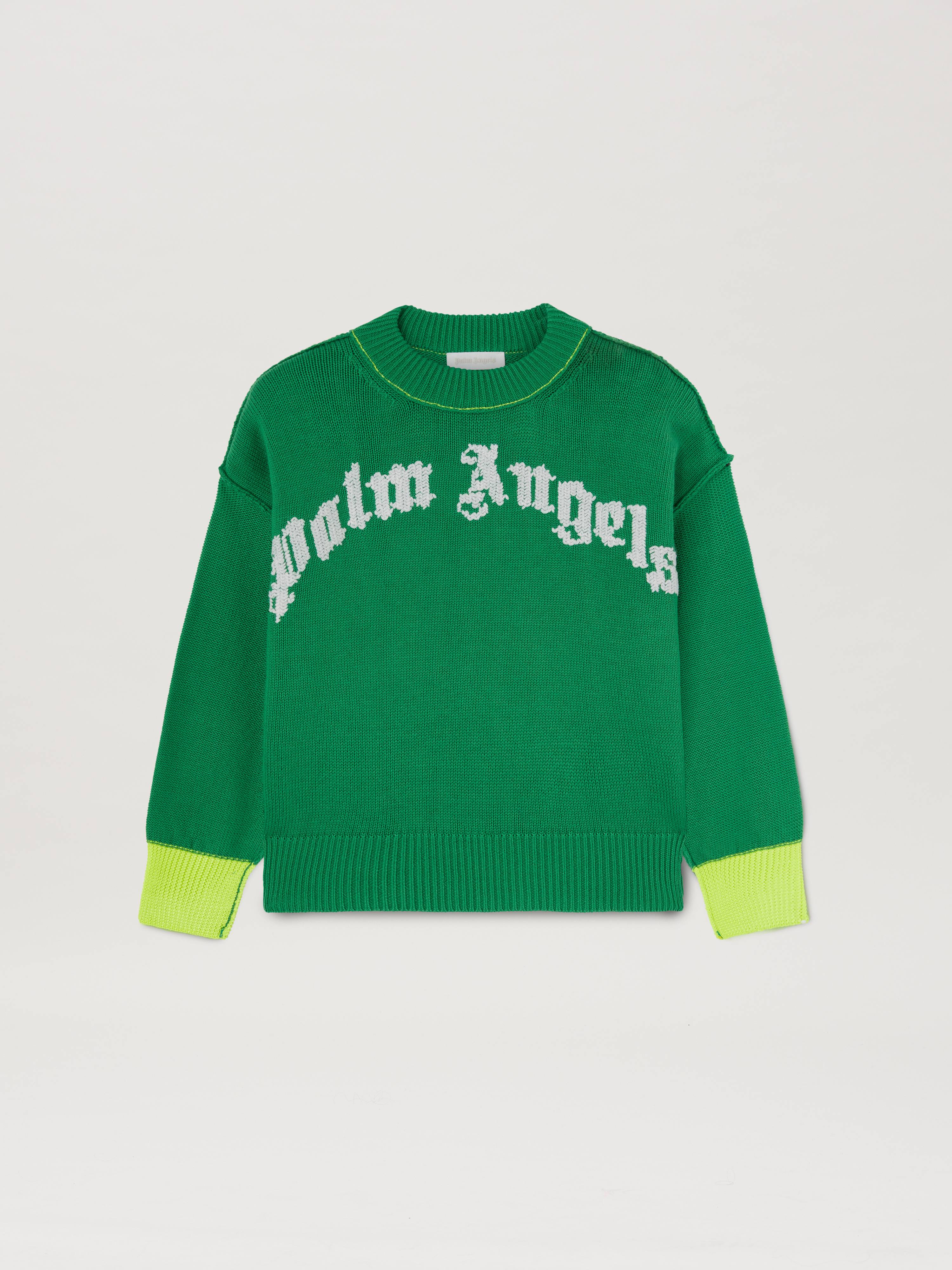 Curved logo Knit sweater in GREEN OFF WHITE | Palm Angels®