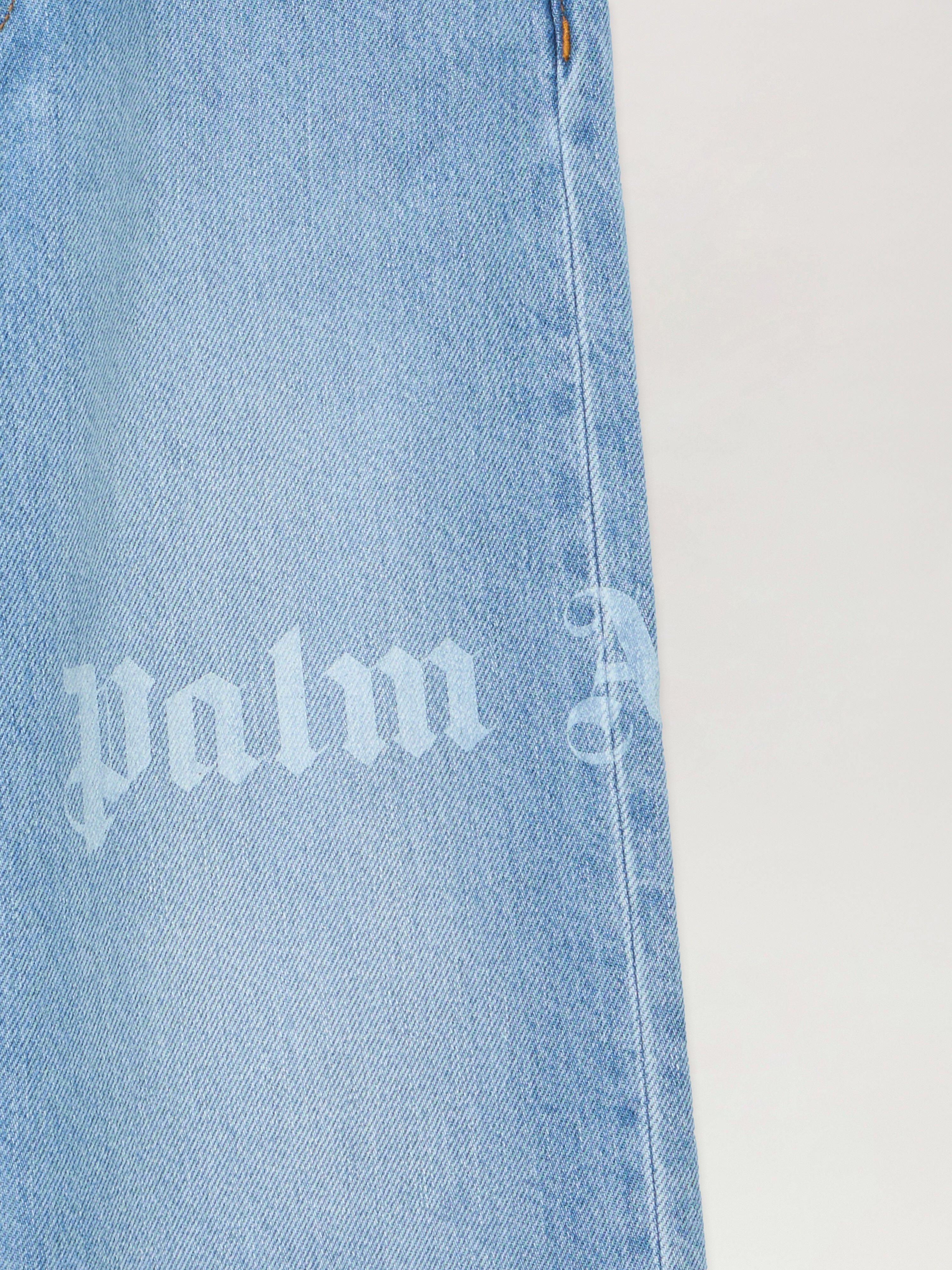  Palm Angels Logo Baggy Denim Pants Kids  Celeste/light Blue 