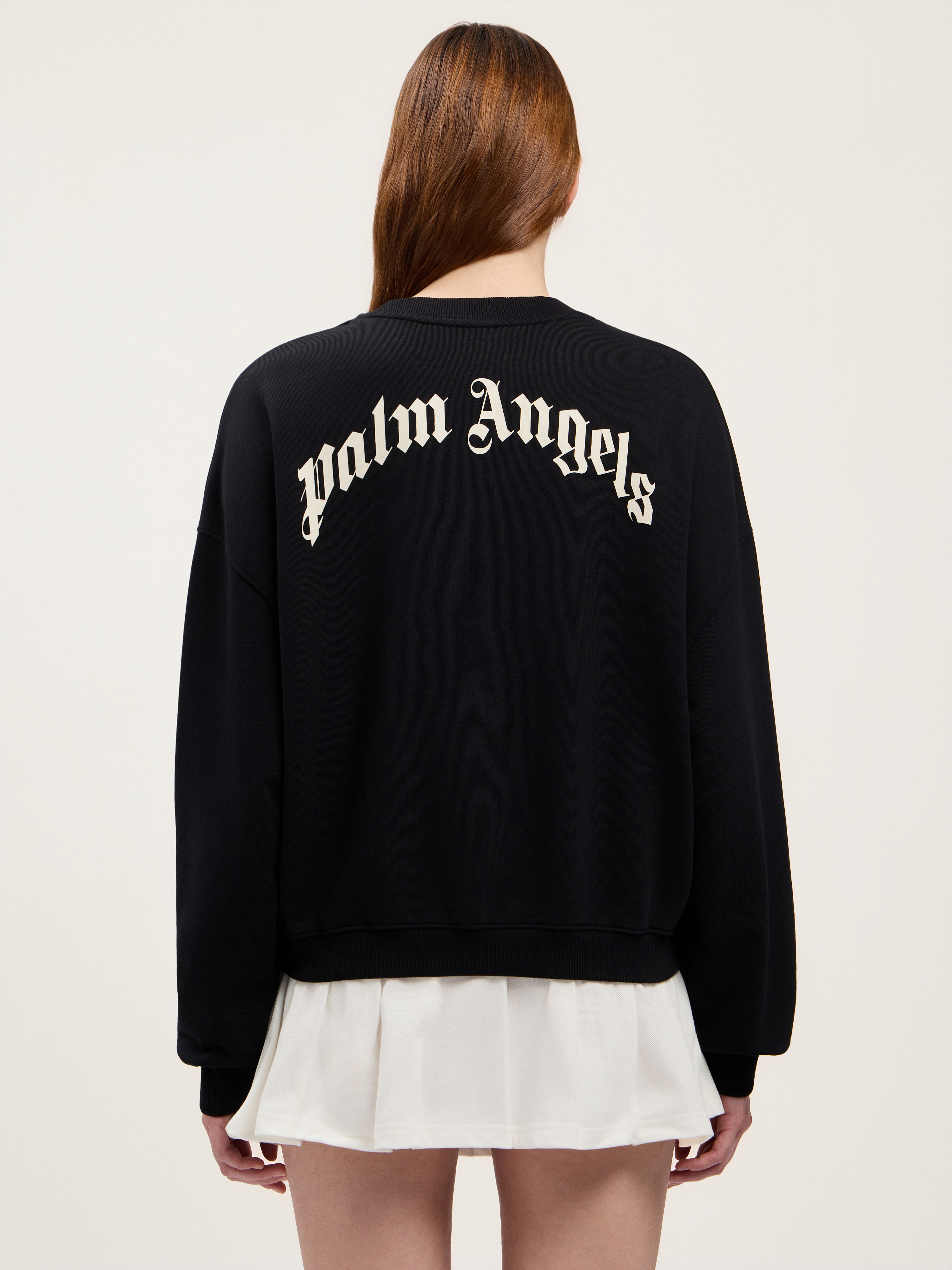 Palm Angels Neutrals Crop Crewneck Arched Logo Sweatshirt In Black