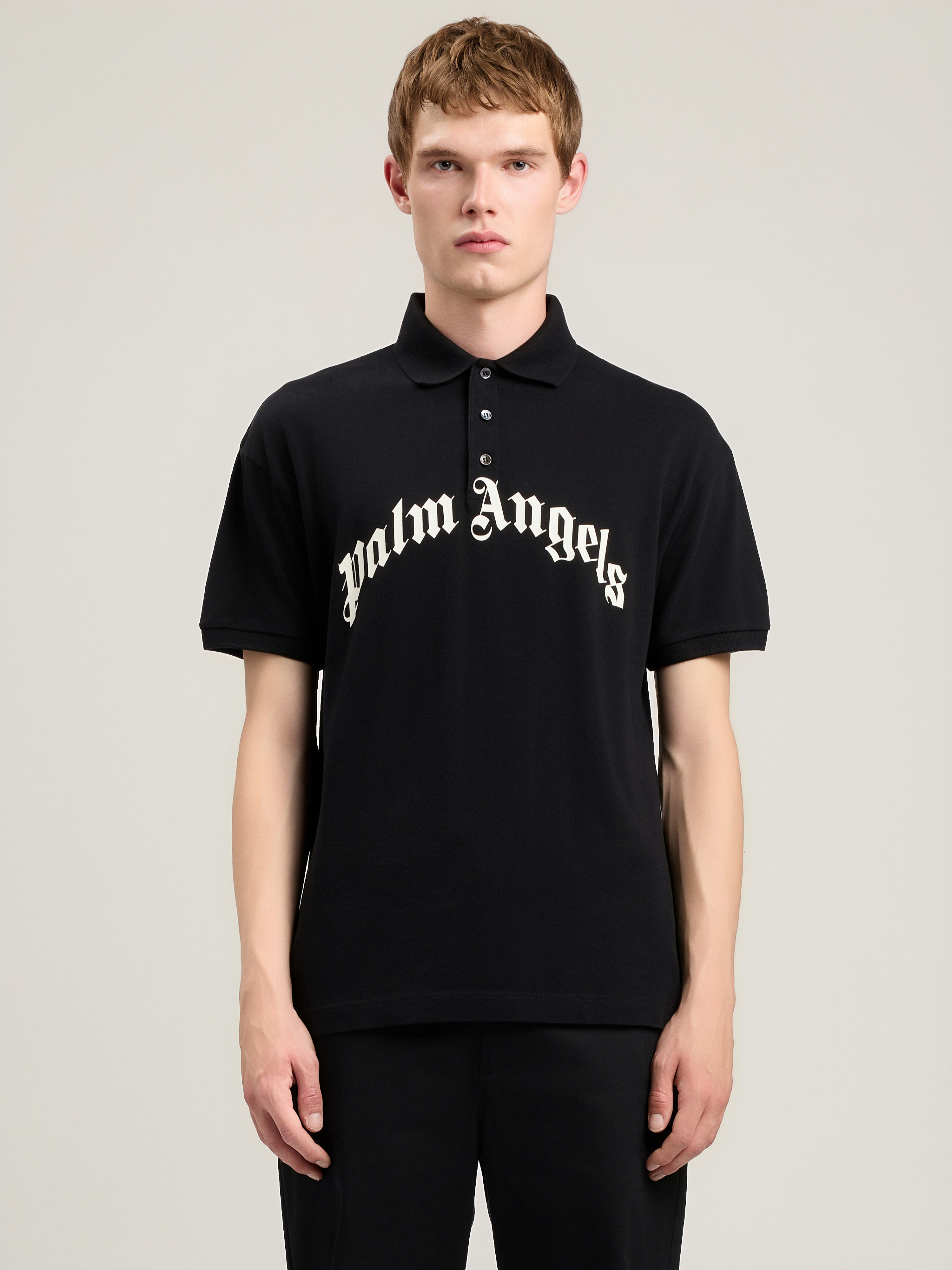 Palm Angels Curved Logo Embroidered Polo Shirt In Black