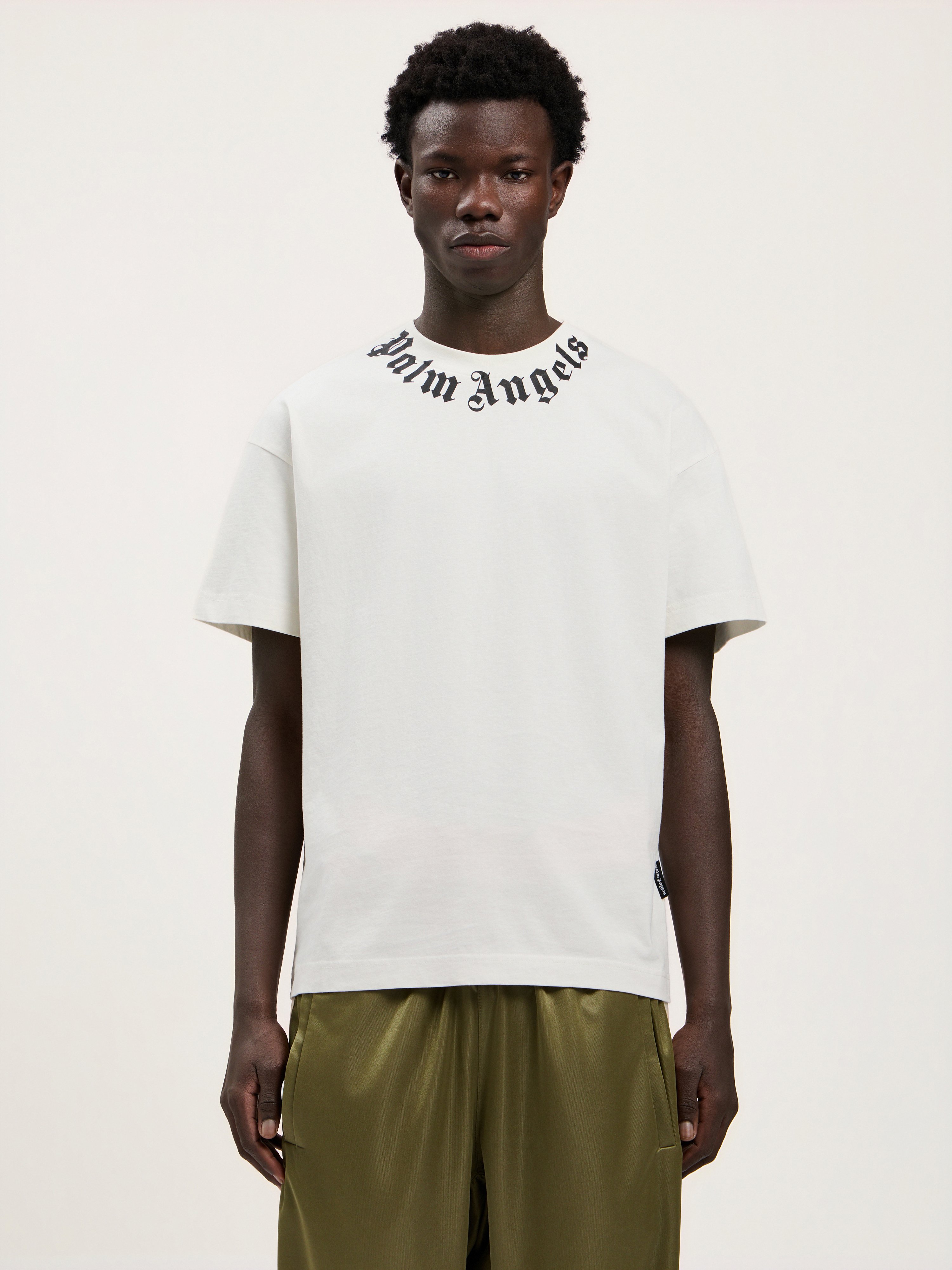 Palm Angels Black Neck Logo Regular Cotton T-shirt In White