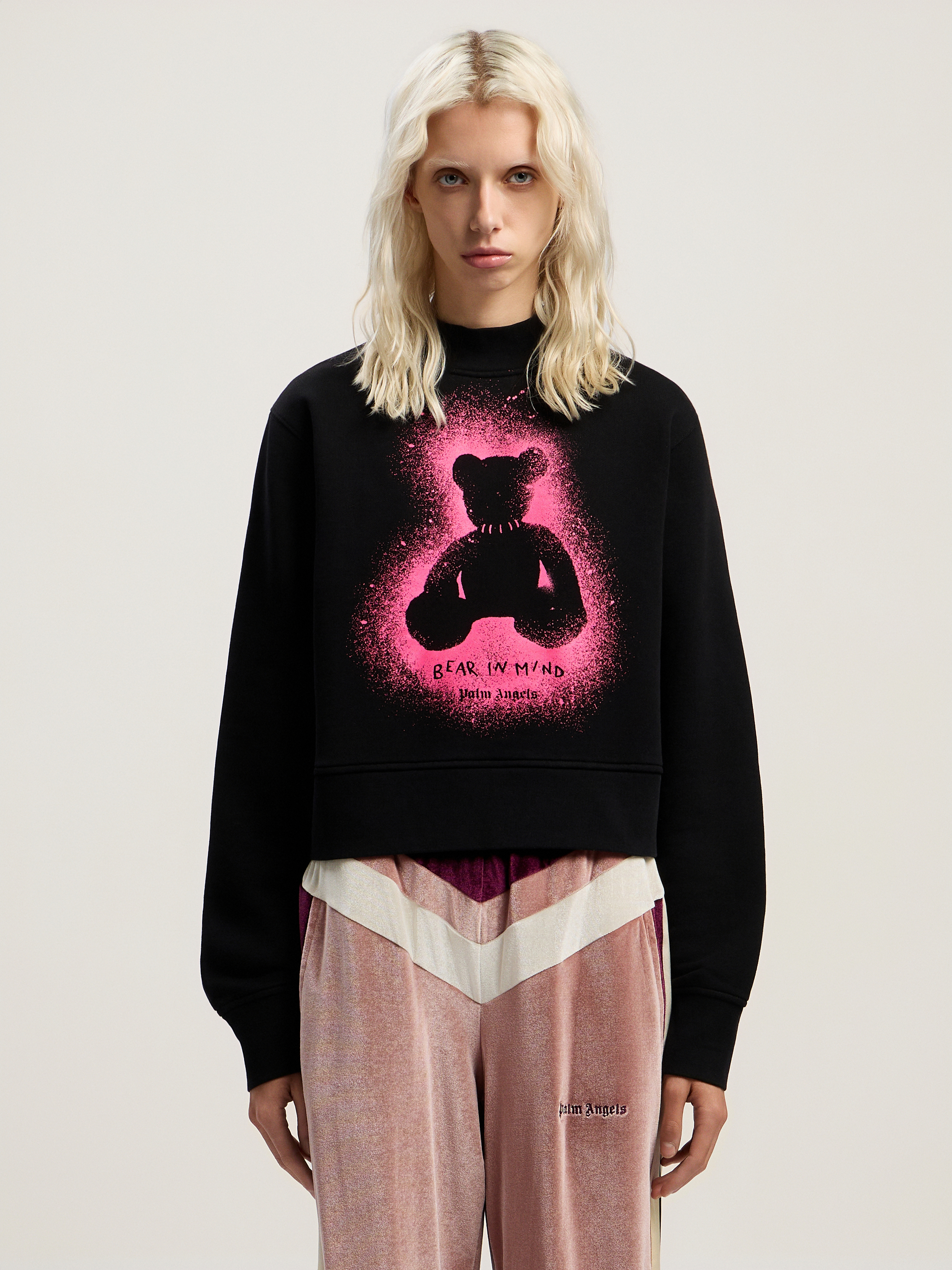 Palm Angels Cropped Black And Fuchsia Graphic Sweatshirt In Black