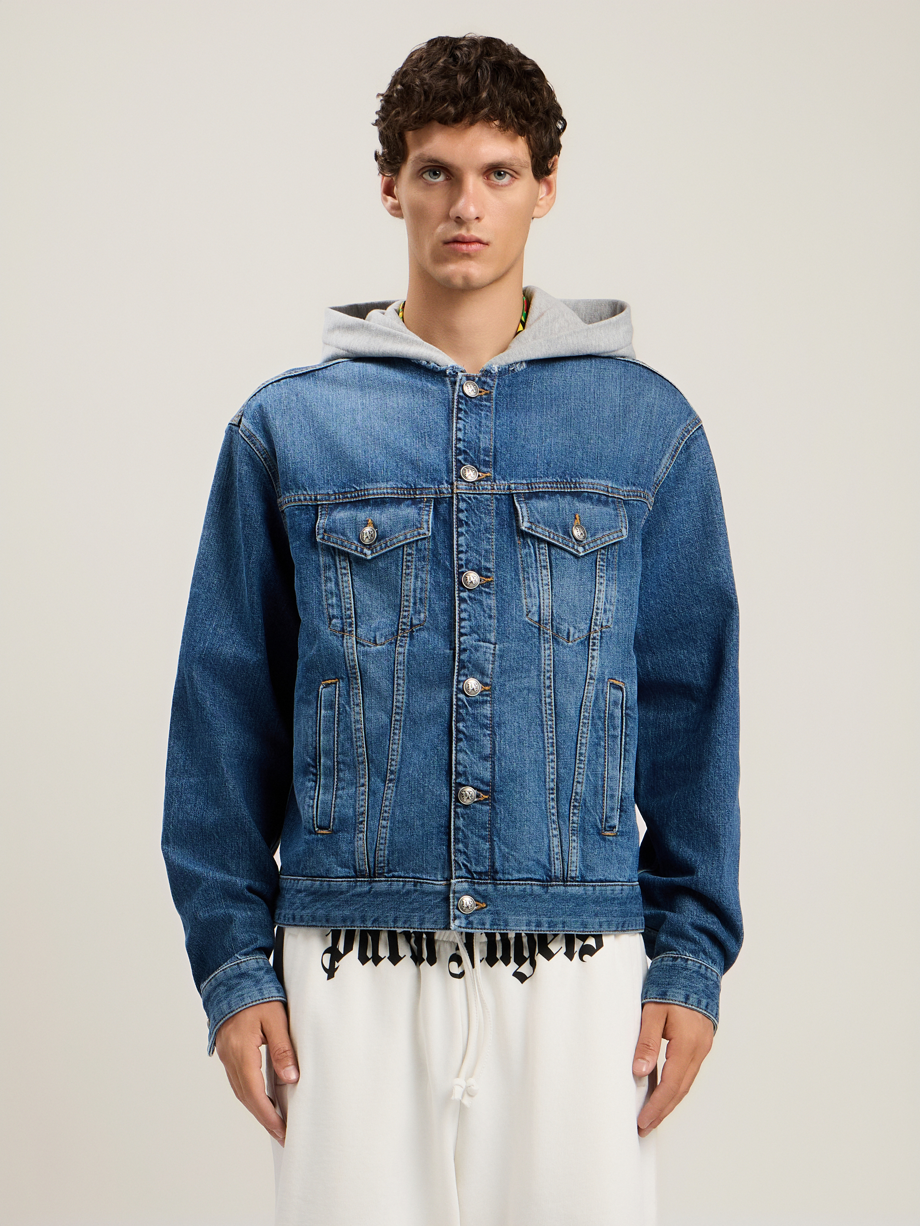  Palm Angels Curved Logo Denim Jacket Man  Medium Blue Melange Grey 