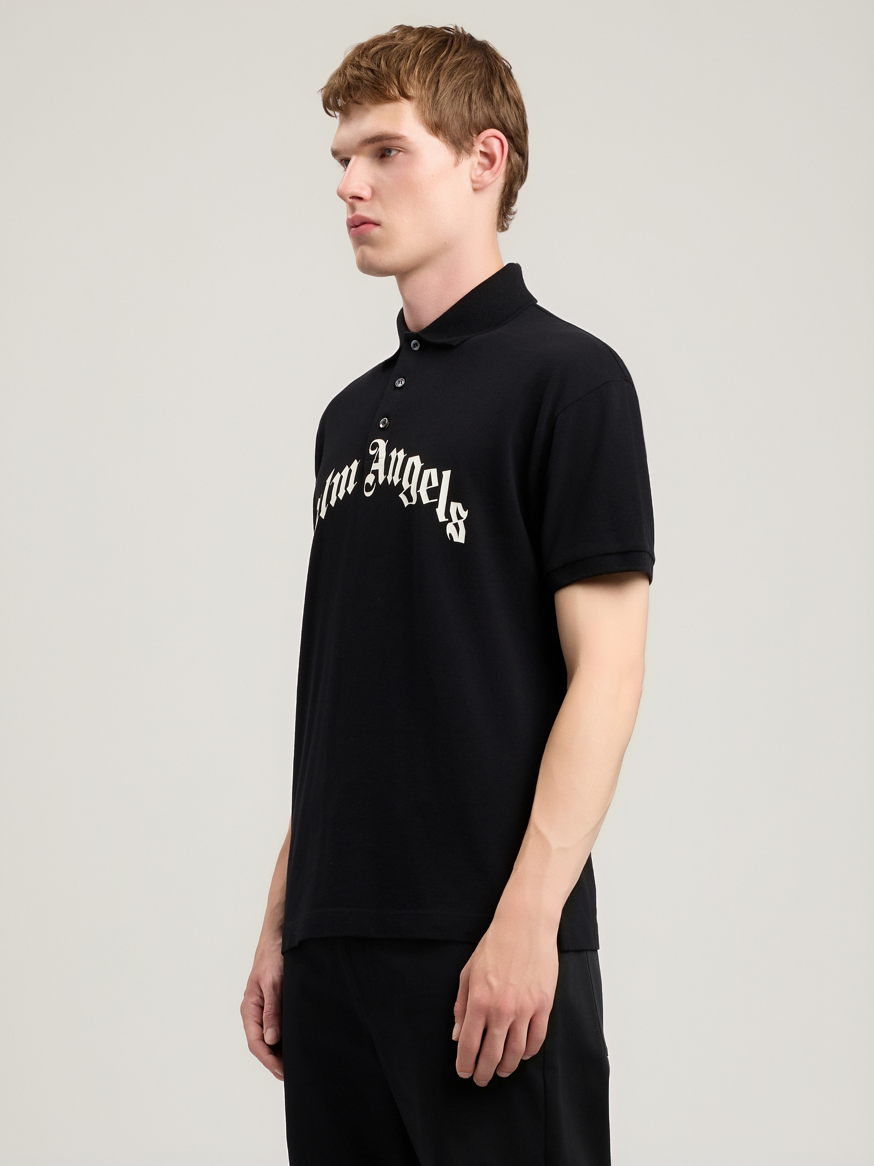 Palm Angels Curved Logo Embroidered Polo Shirt In Black