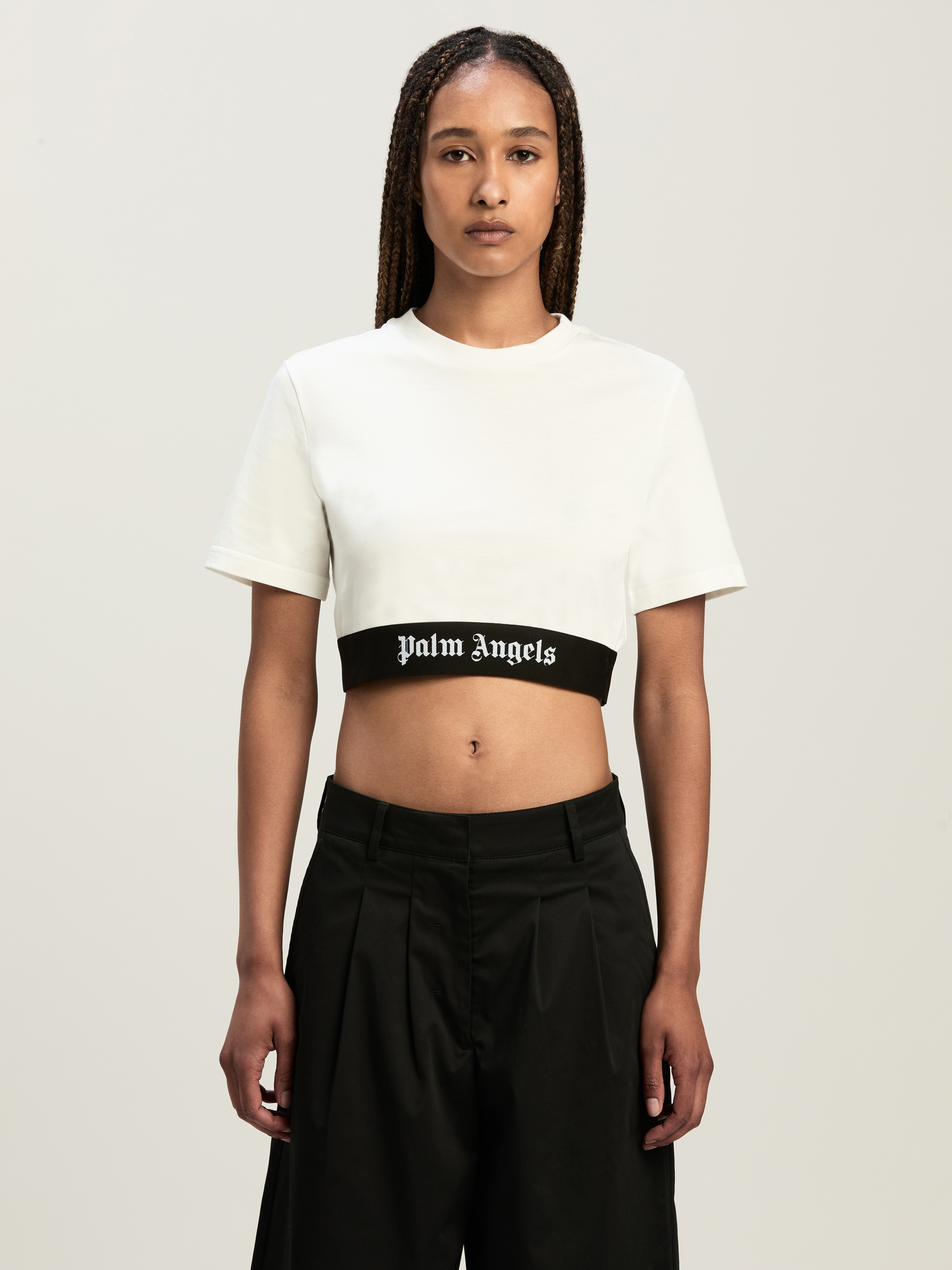Palm Angels Classic Logo Tape Crop Tee Off White Bla