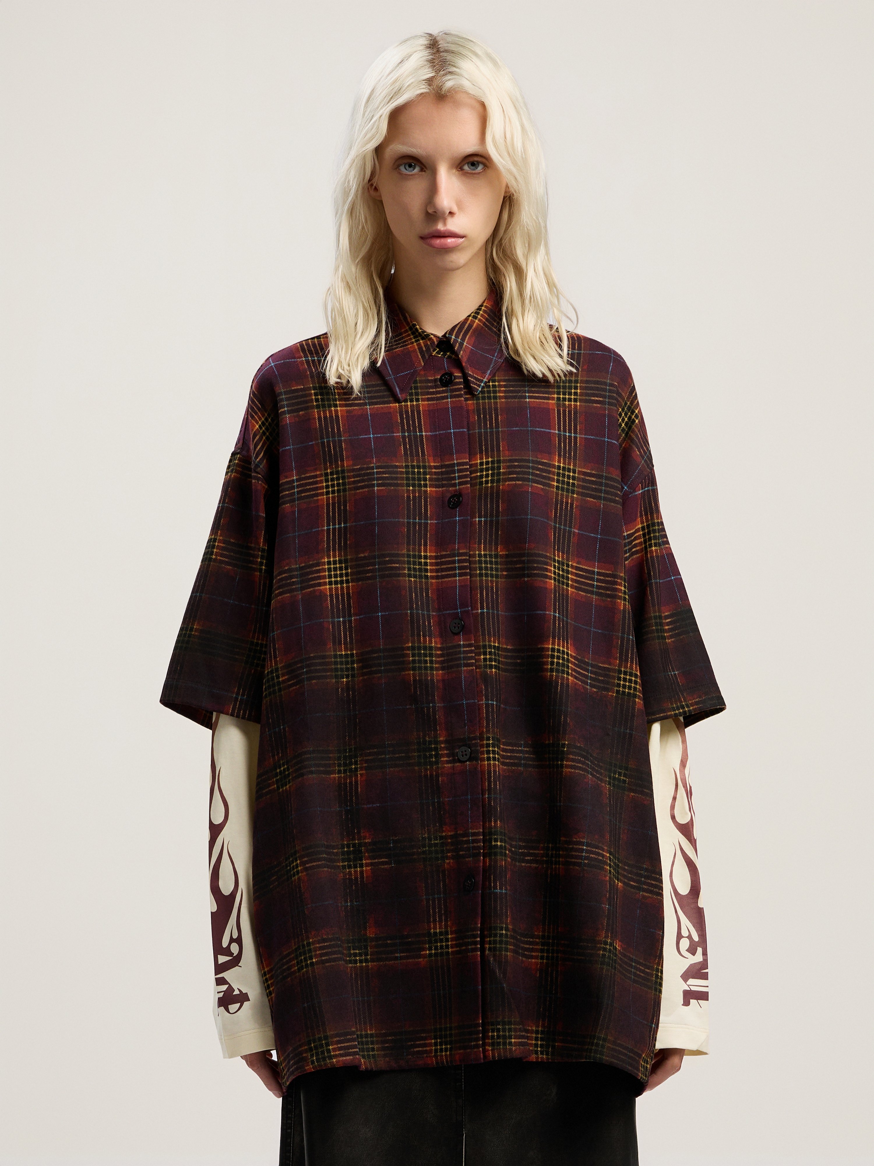  Palm Angels Overdyed Check Flames Shirt Woman  Burgundy - Multicolor 