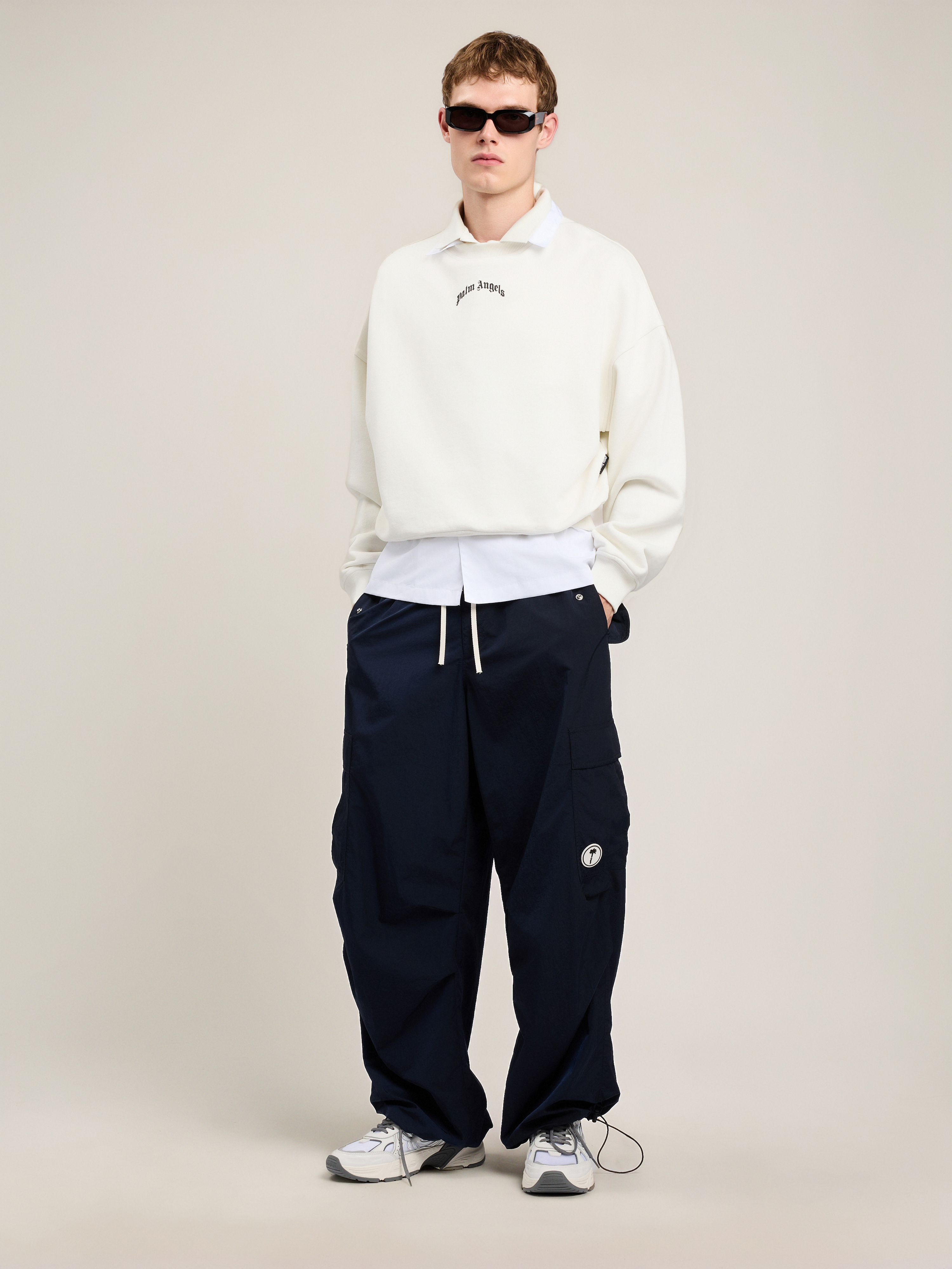 Palm Angels Back Curved Logo Loose Crew In Neutral