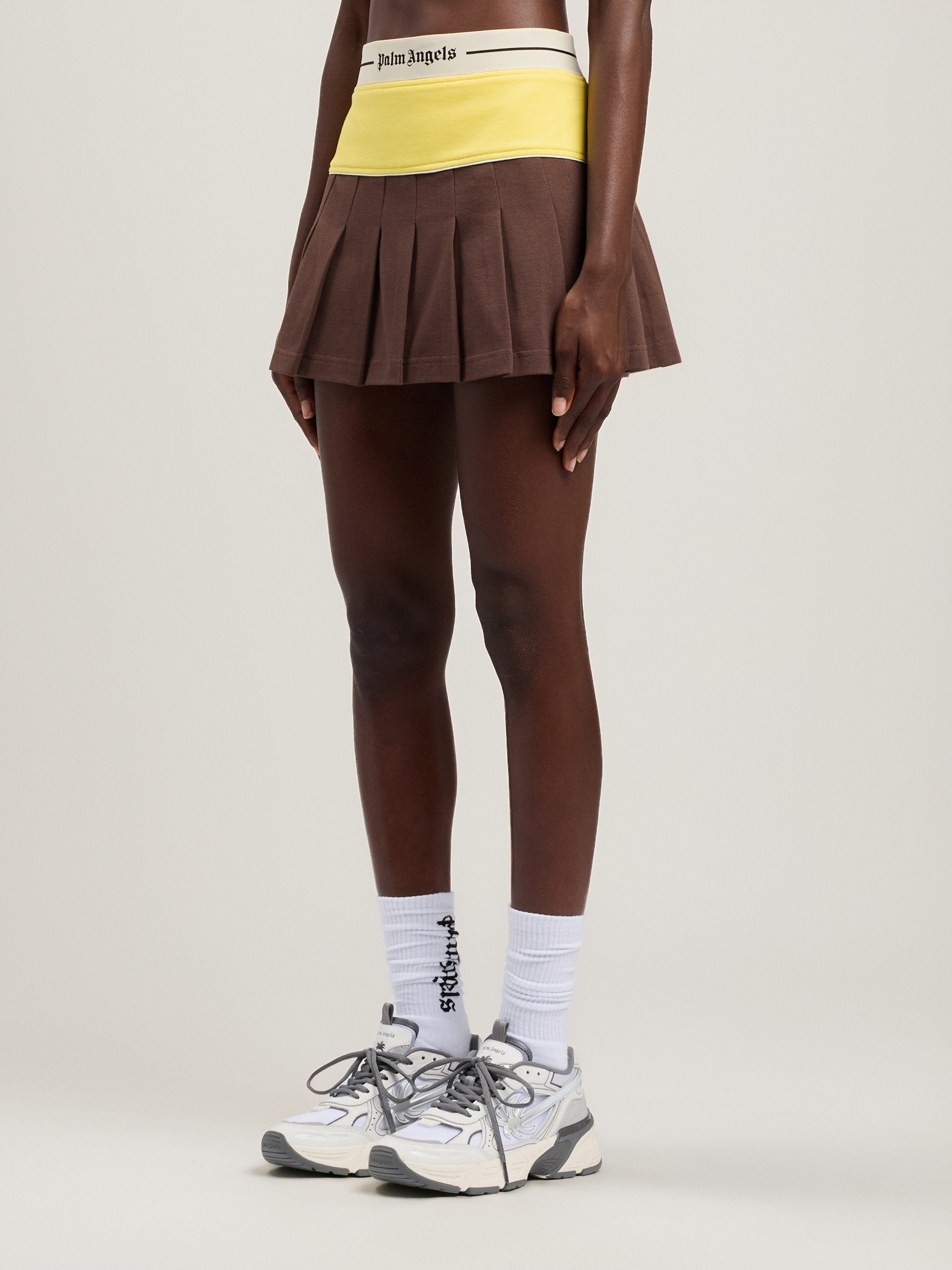 Palm Angels Logo Skirt Contrast Waistband Pleated Design In Brown