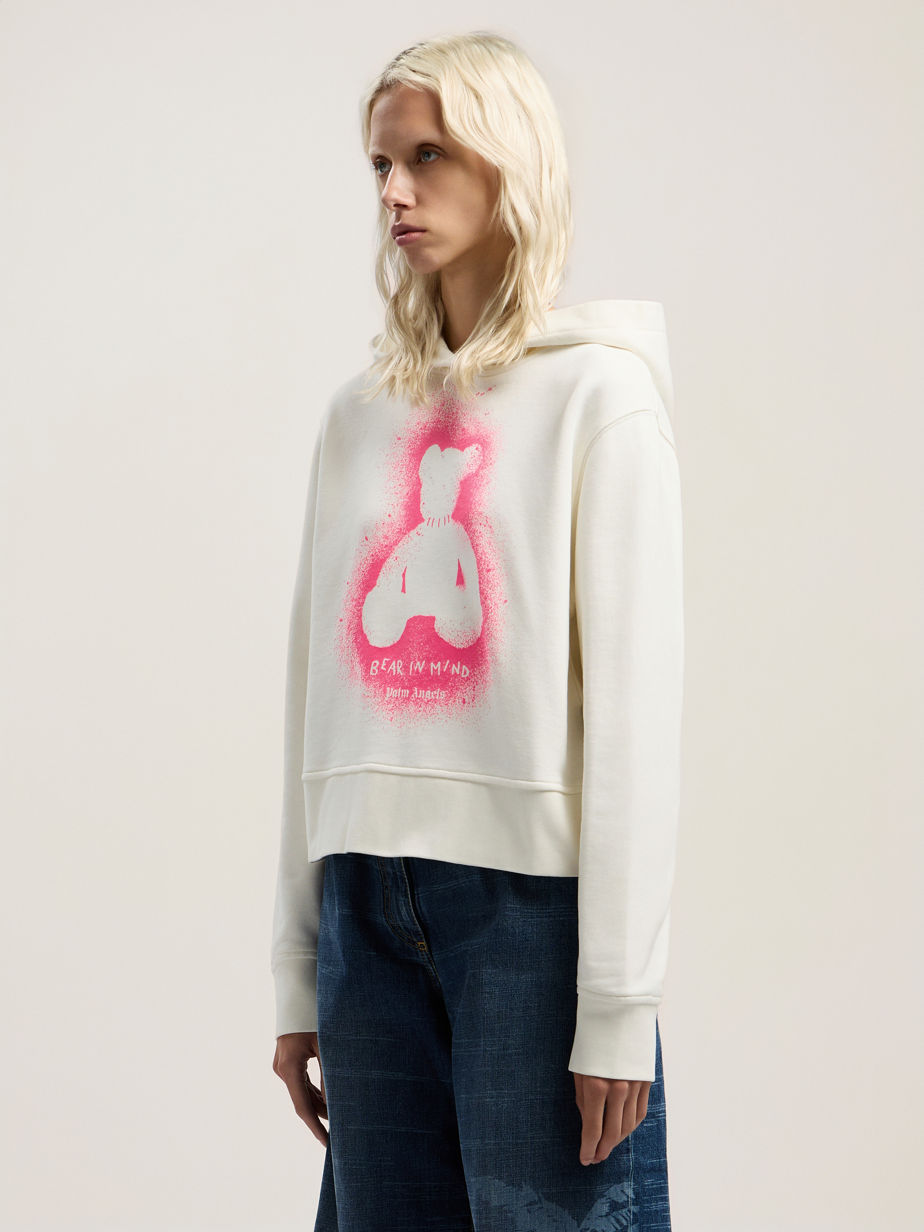 Palm Angels Spray Bear Fitted Hoody In White
