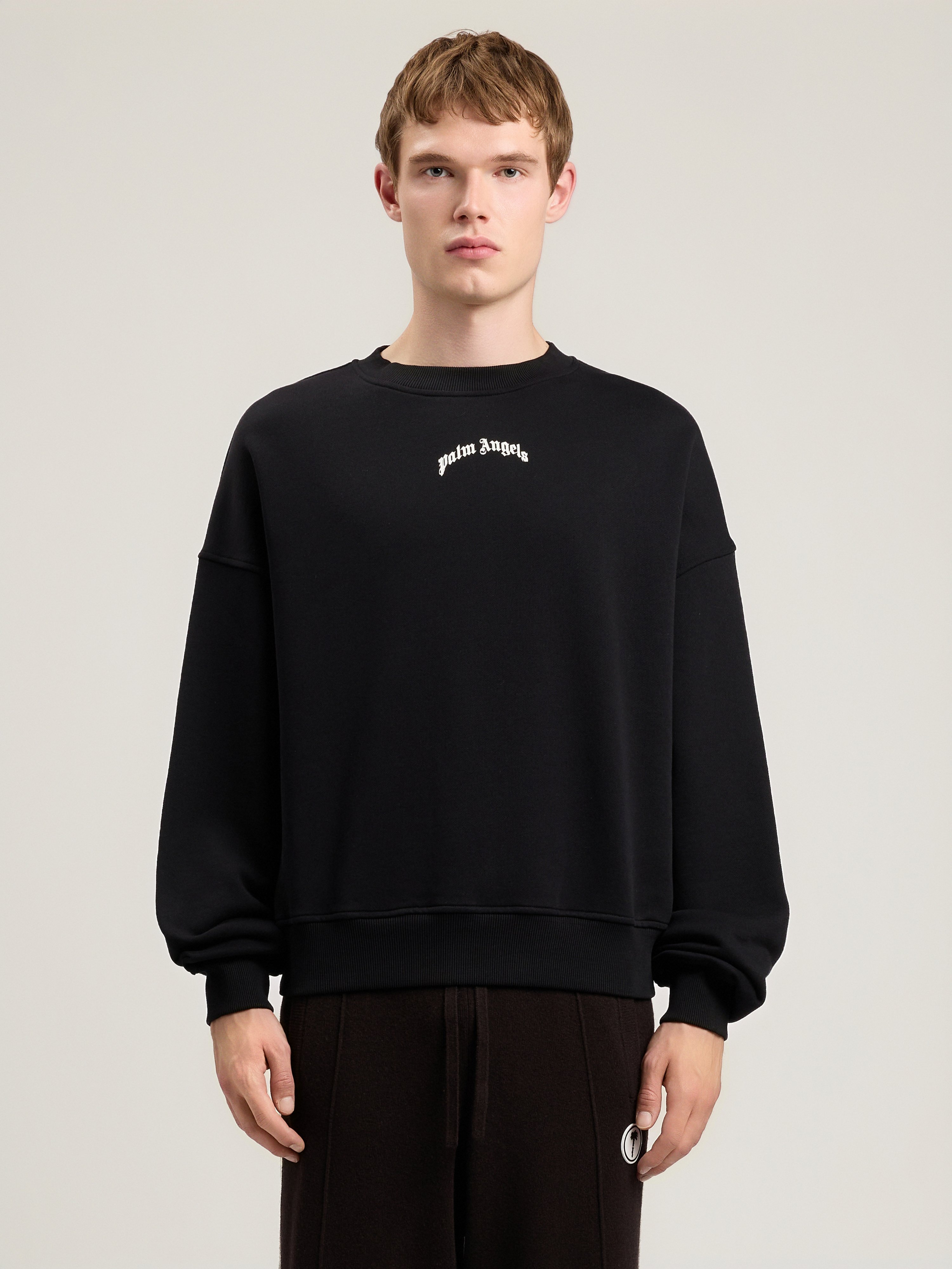 Palm Angels Men Black Back Curved Logo Sweatshirt, L Luxury Sweatshirts & Hoodies For Men Darveys