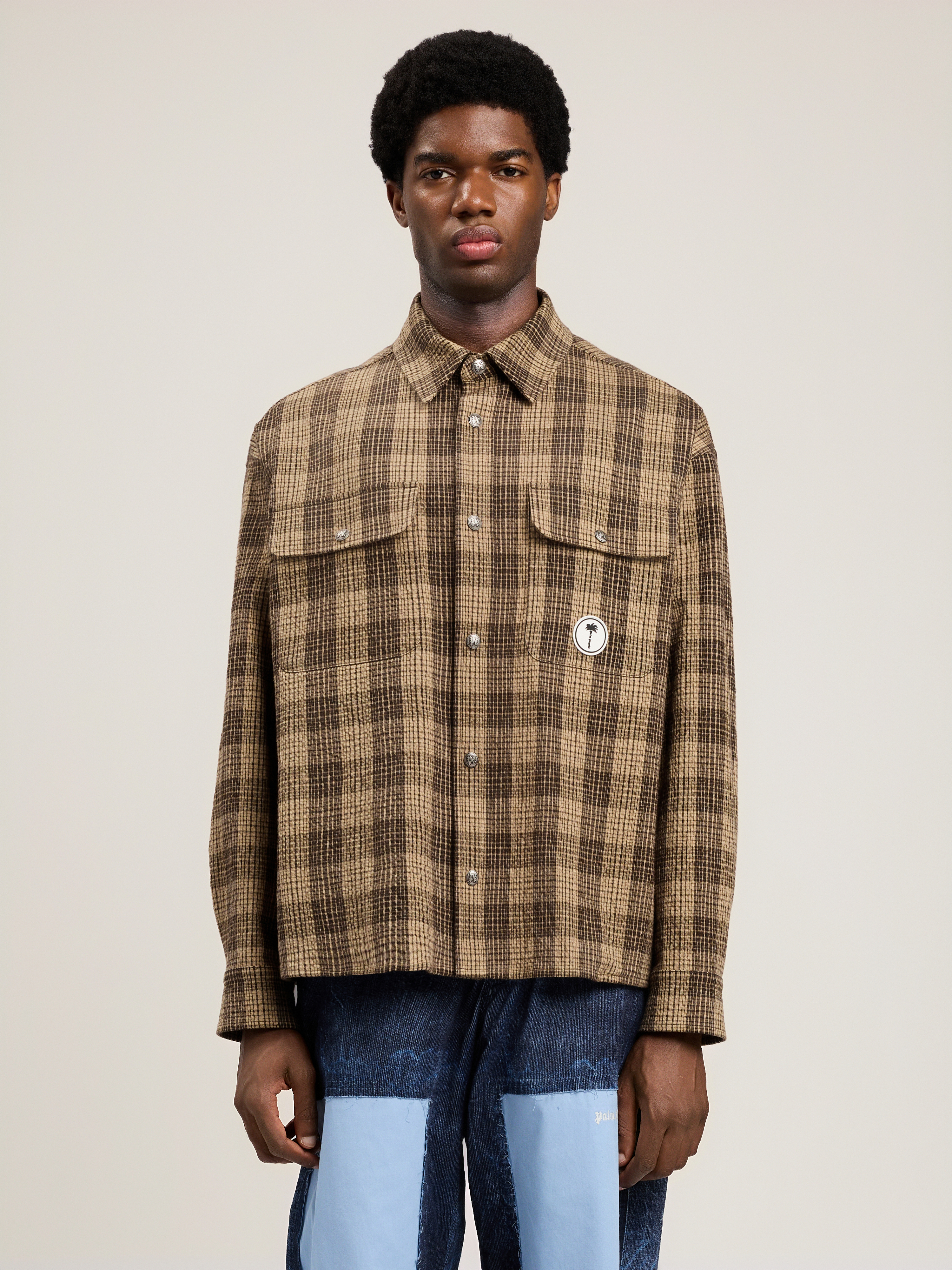  Palm Angels Tree Logo Check Loose Overshirt Man  Brown Off White 