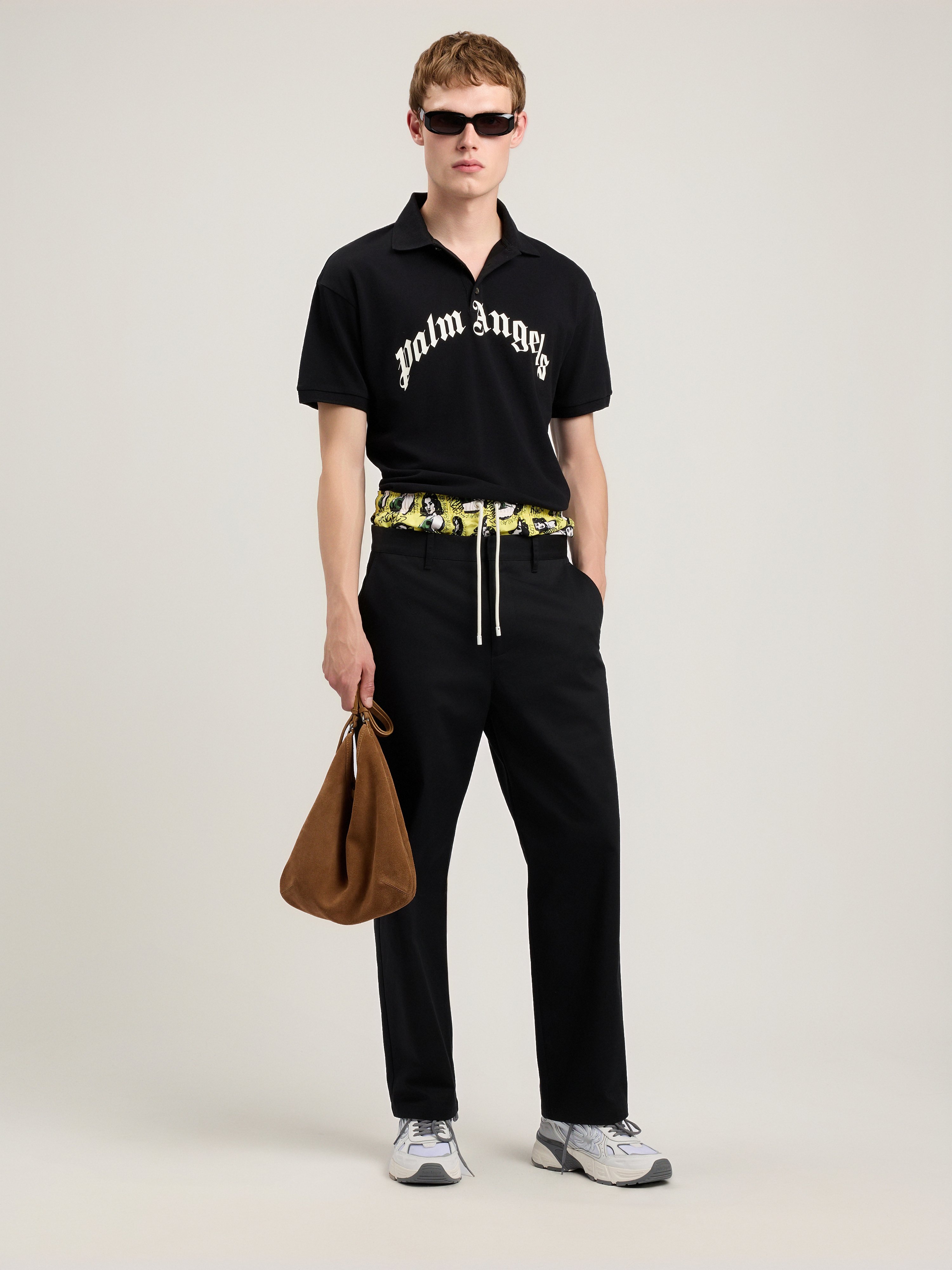 Palm Angels Curved Logo Embroidered Polo Shirt In Black
