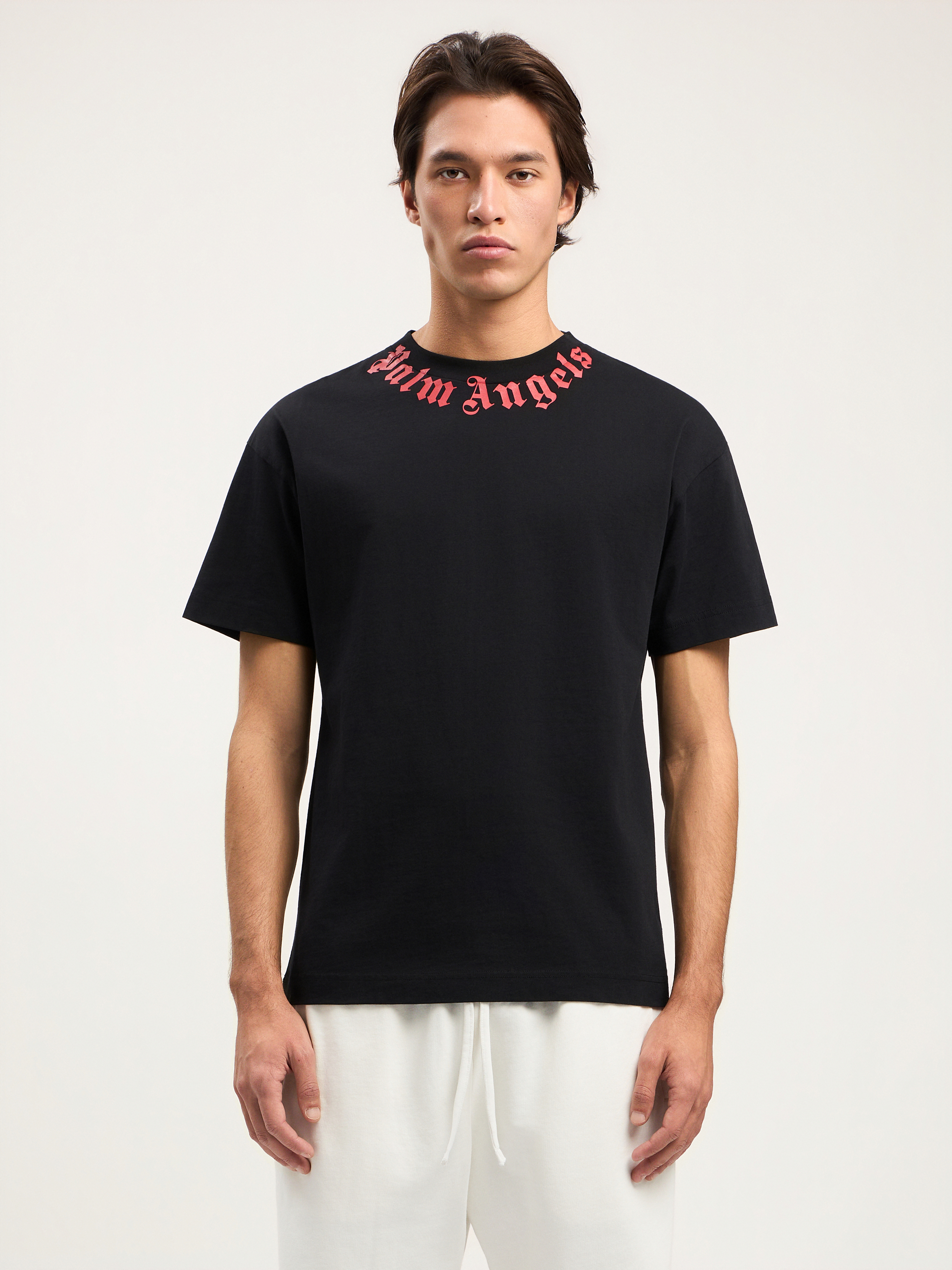 Palm Angels Men Black Neck Logo T-shirt, Xs Luxury T-shirts For Men Darveys