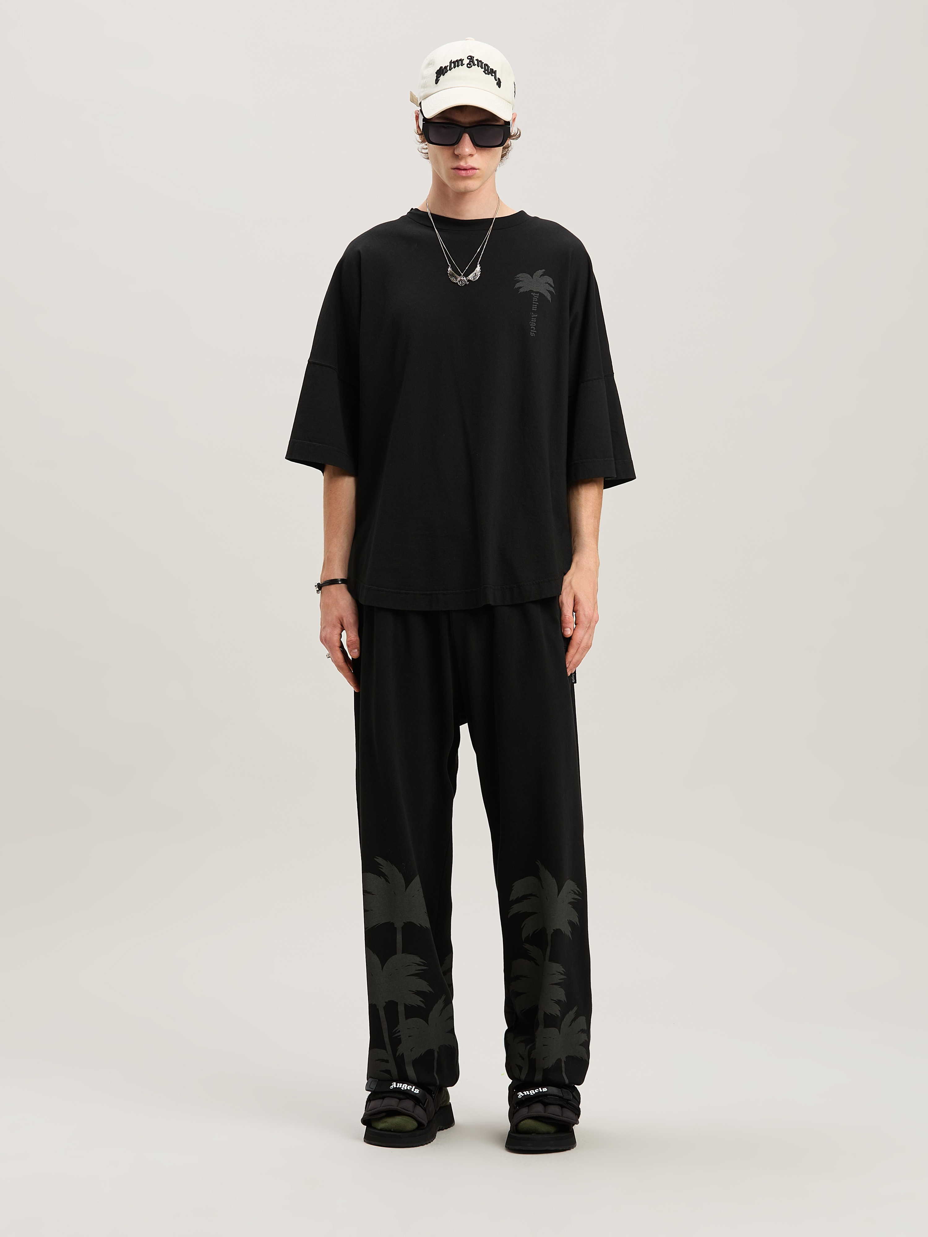 Palm Angels Blue Cotton T-shirt With Palm Print And Logo