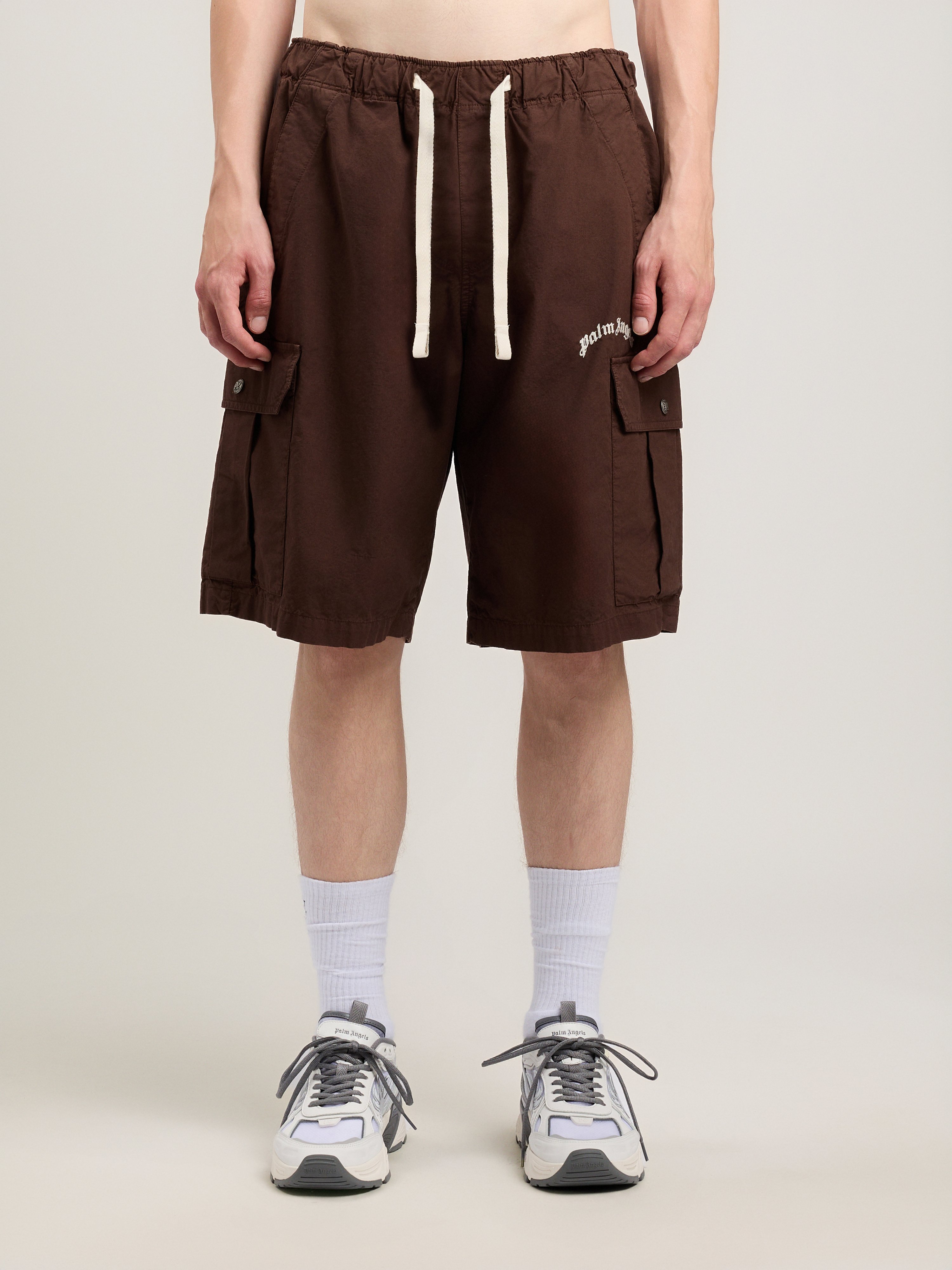  Palm Angels Curved Logo Loose Cargo Shorts Man  Brown Off White 