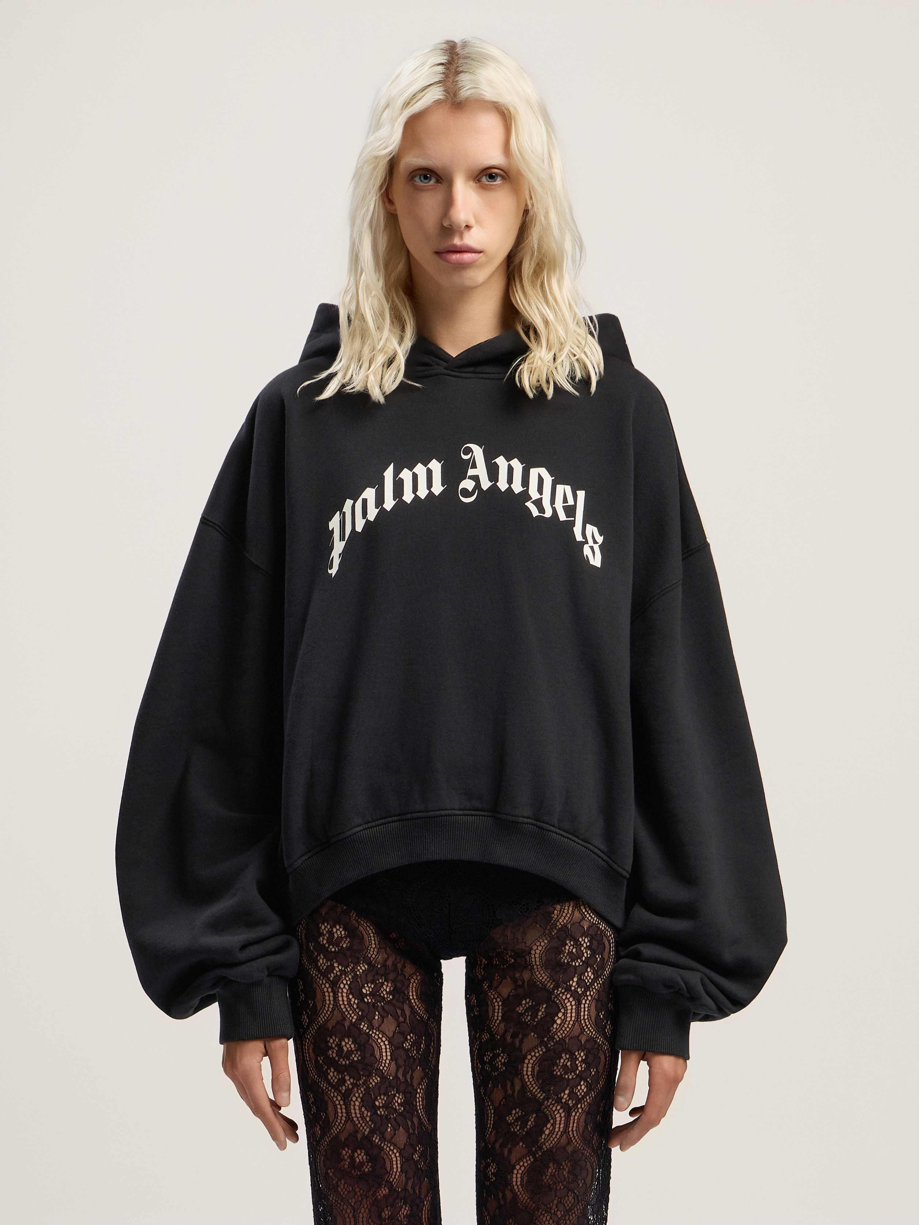 Palm Angels Curved Logo Track Crop Hoody In Black