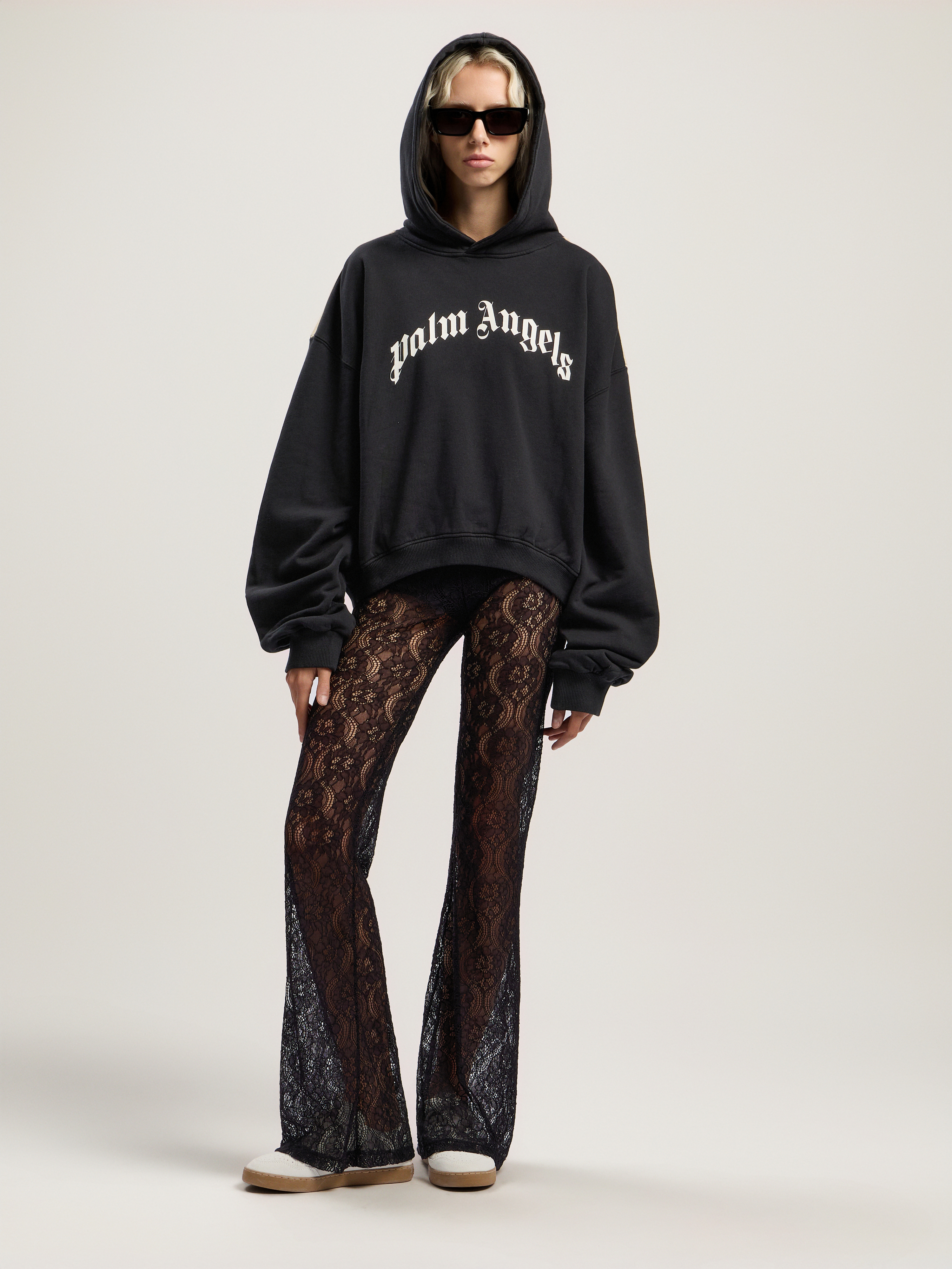 Palm Angels Curved Logo Track Crop Hoody In Black