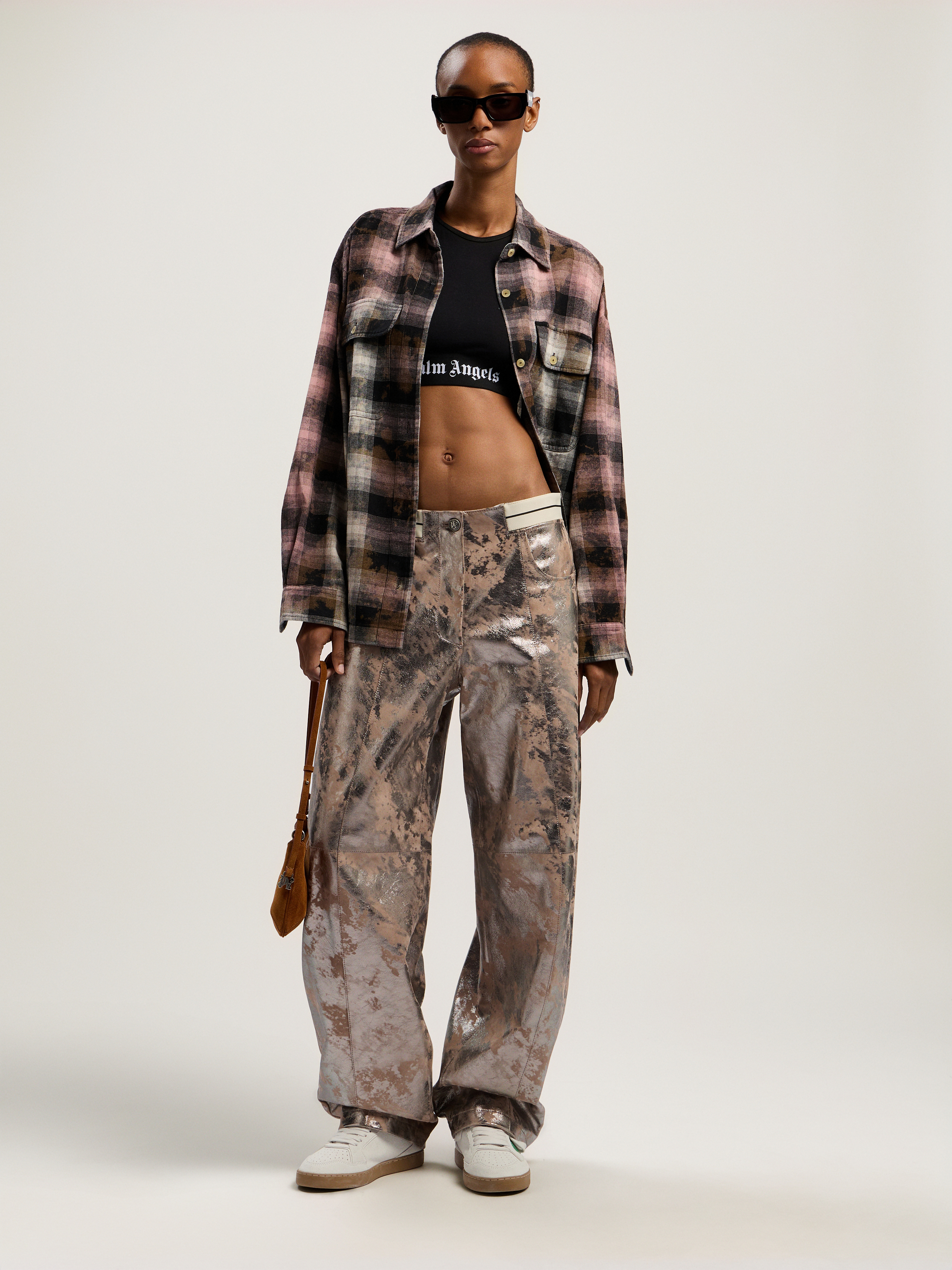 Palm Angels Laminated Leather Carrot Pant In Gray