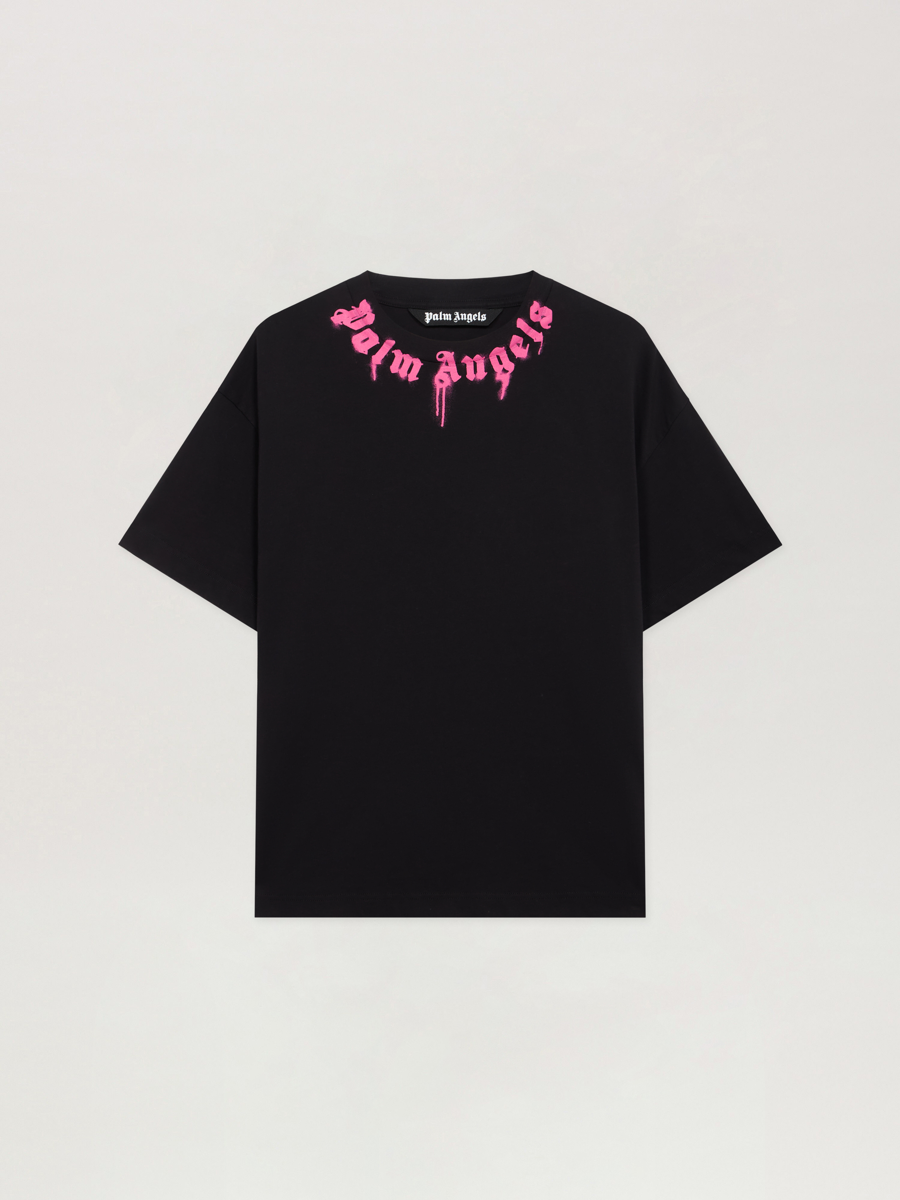 Spray Neck Logo T-Shirt in BLACK - FUCHSIA for Men | Palm Angels®