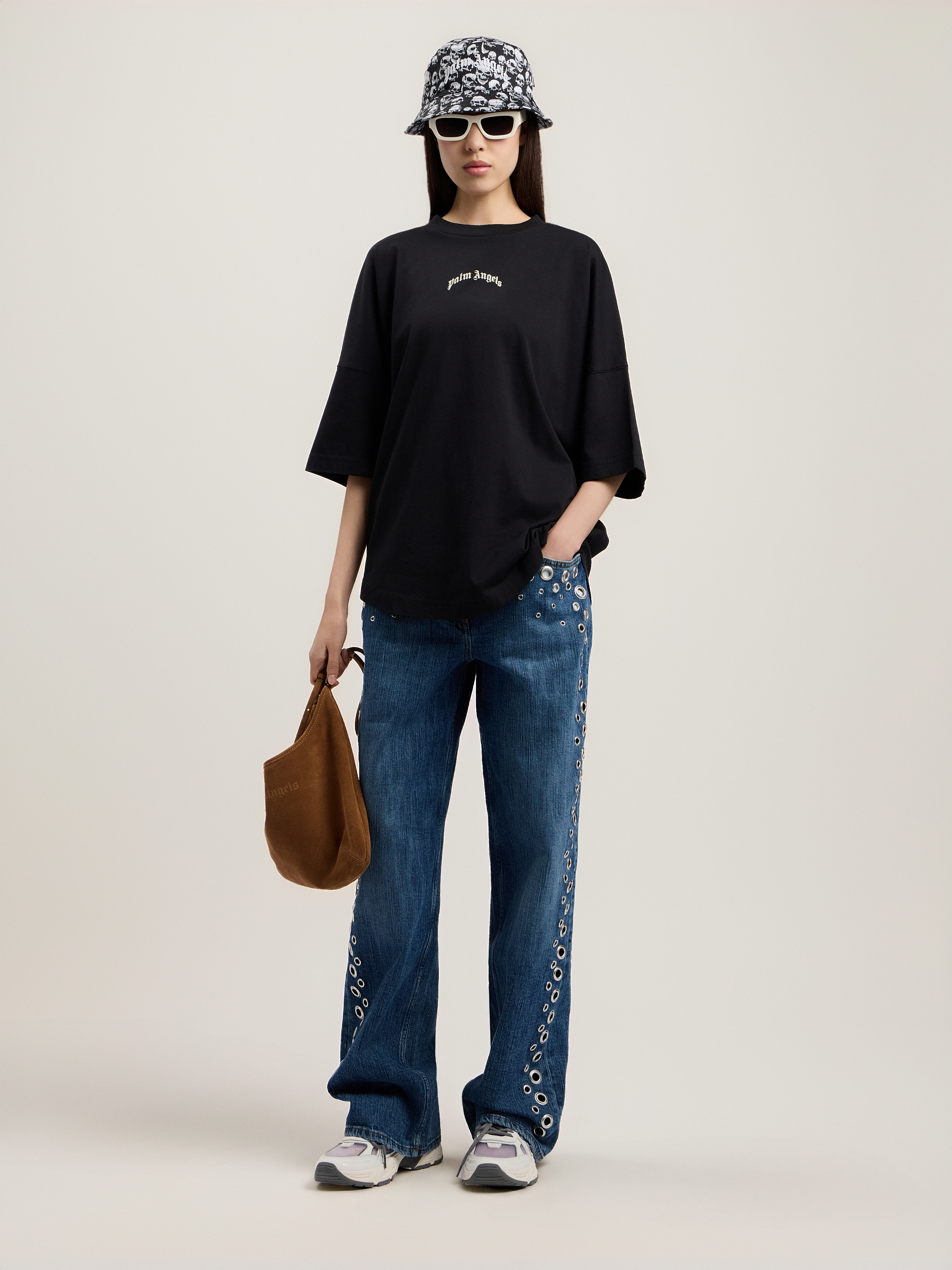 Palm Angels Curved Logo Oversized T-shirt In Black