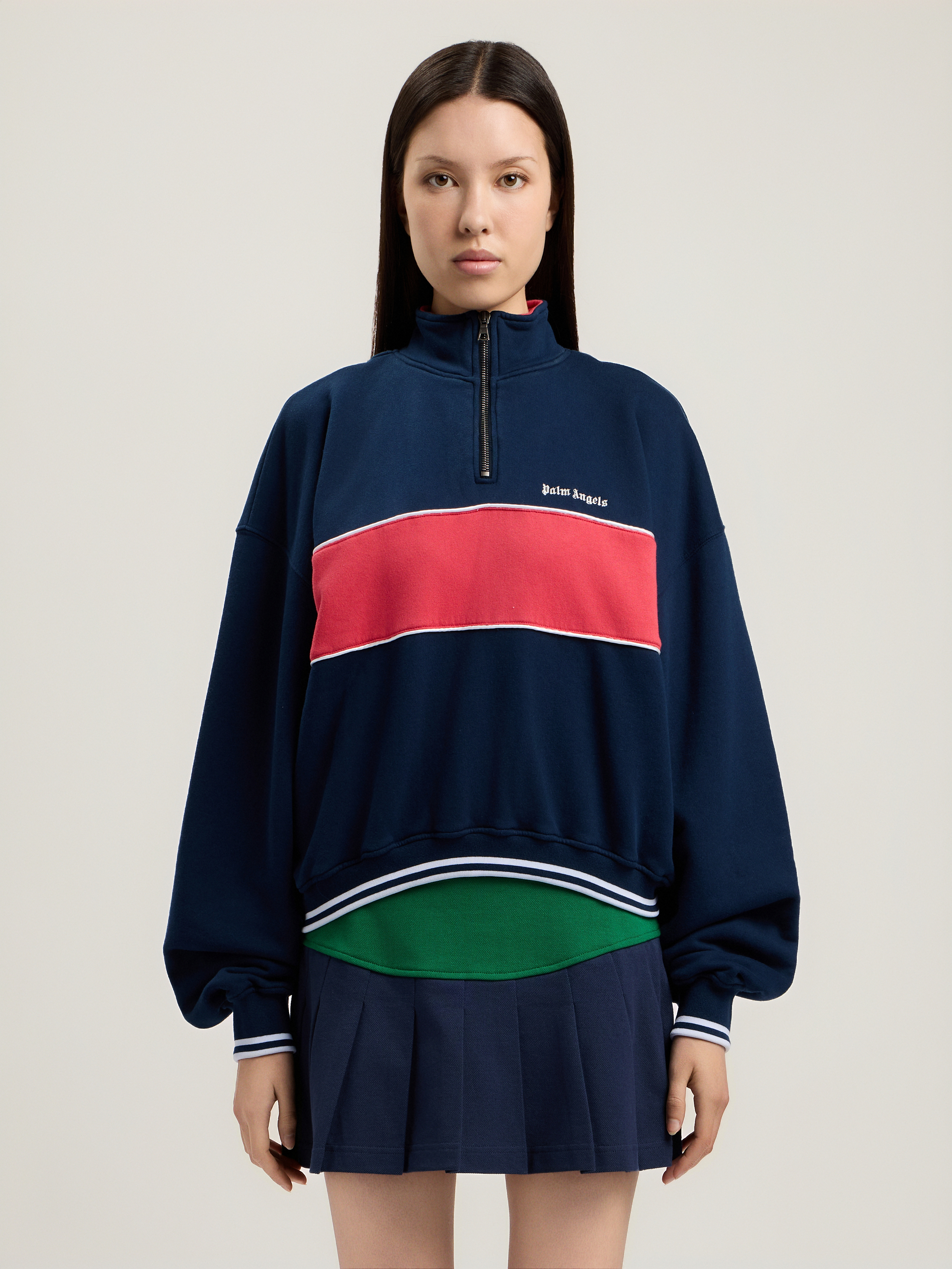  Palm Angels Classic Logo Half-zip Sweatshirt Woman  Navy Blue Red 
